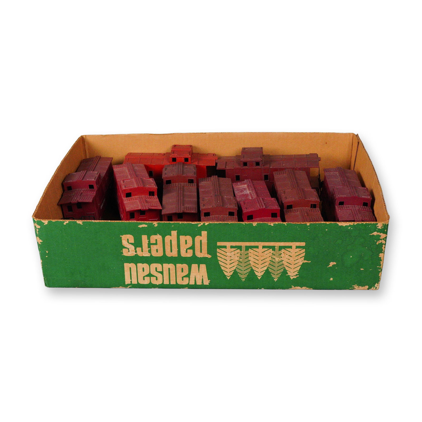 Collection of Lionel Lines 6017 Model Train Cabooses: A collection of sixteen miniature model train cabooses manufactured by Lionel. Each caboose is constructed primarily of maroon molded plastic for the body, mounted on black plastic trucks equipped wit