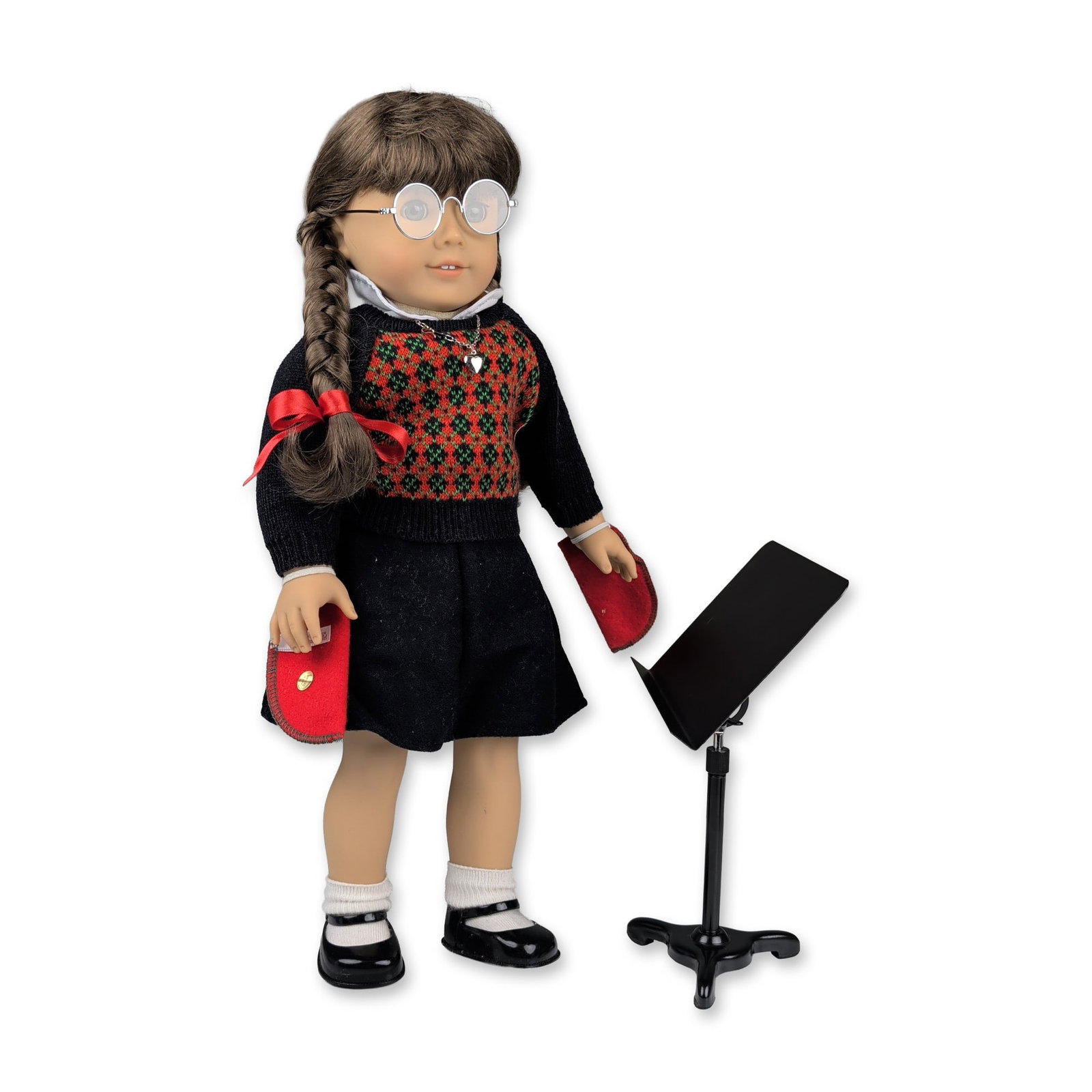 2pc American Girl Molly McIntire Doll and Accessories: American Girl Molly McIntire doll featuring signature school outfit and various accessories. The doll is constructed with a vinyl head and limbs and a cloth torso, with hazel sleep eyes and brown hair