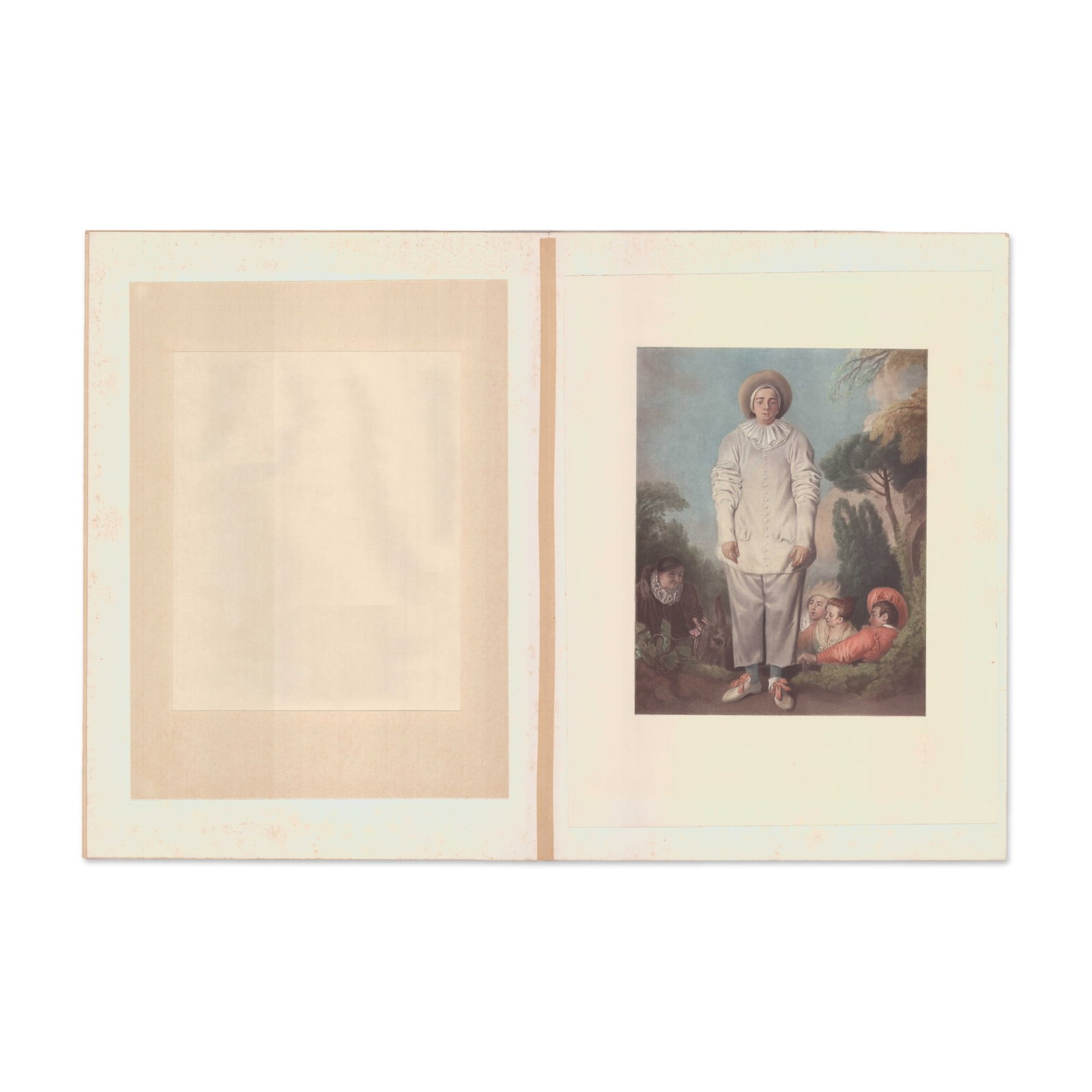 After Antoine Watteau (French, 1684-1721) Chromolithograph Gilles (Pierrot): This color print after Antoine Watteau (French, 1684-1721). depicts the iconic composition known as 'Gilles' (or 'Pierrot'), originally painted circa 1718. The full-length figure of Gilles, a characte