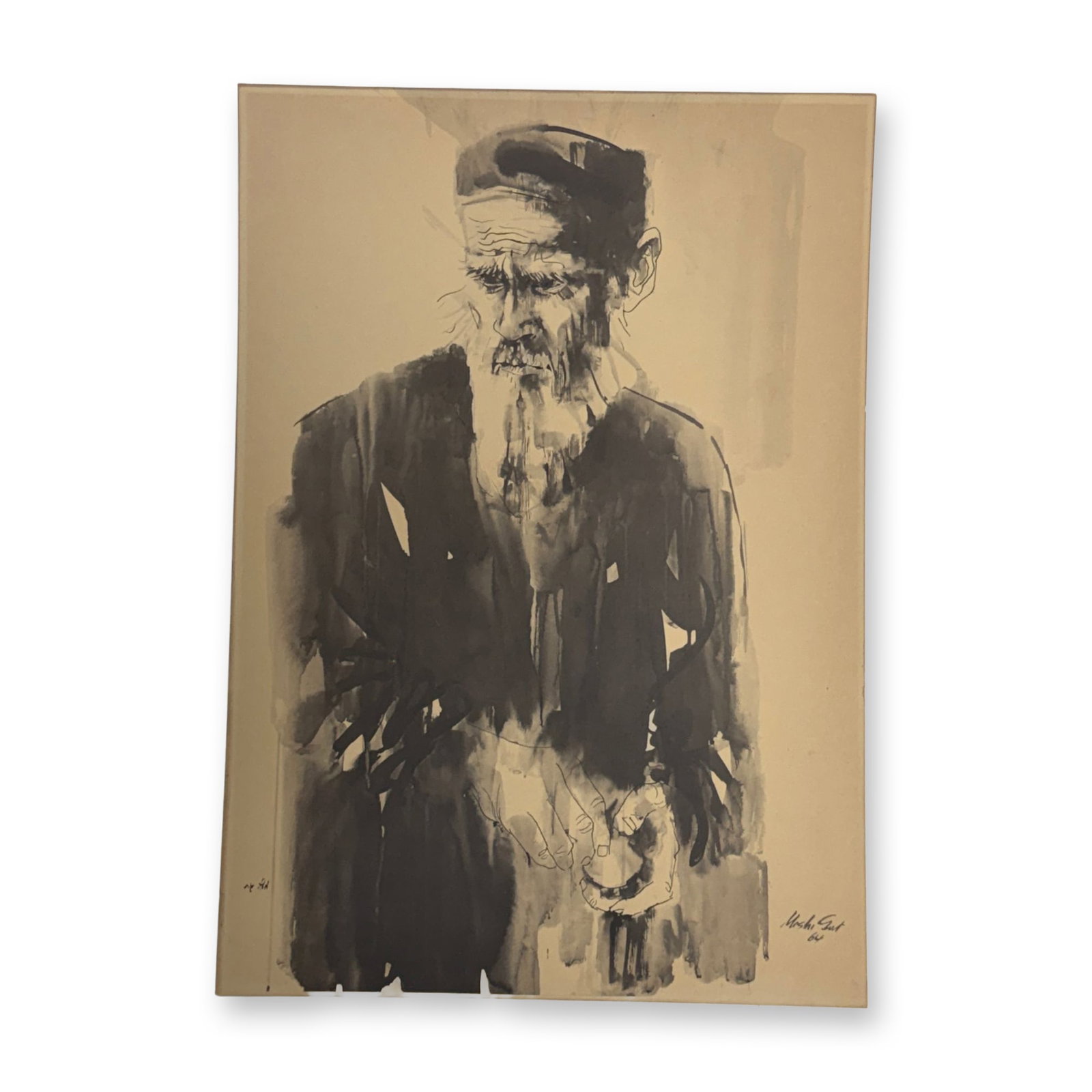 Moshe Gat (Israeli, b. 1935) Figure, Print After a Drawing, 1964: A print on toned wove paper after an original brush and ink drawing by the Israeli artist Moshe Gat (b. 1935). The work, titled Figure (D'mot), is a character study of an elderly man with a long beard