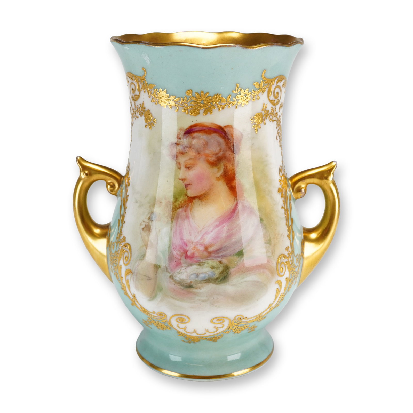 Royal Doulton by Arthur Dix Double-Handle Portrait Vase: A Royal Doulton fine porcelain two-handled vase featuring an ovoid body tapering to a pedestal base with a flared, scalloped rim. The vase is decorated with a turquoise-blue ground at the neck and bas