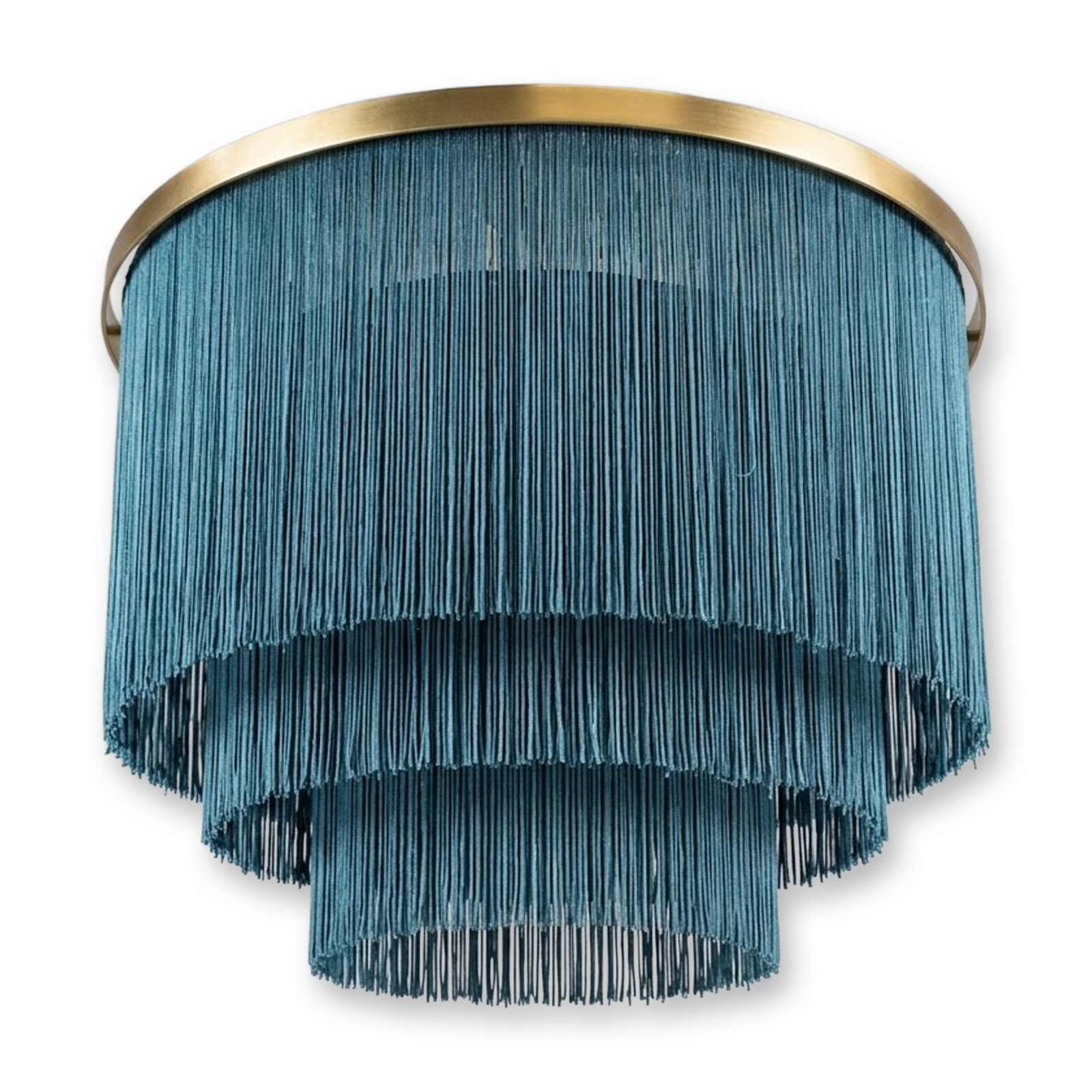 Contemporary Three-Tiered Teal Fringe Chandelier: Contemporary tiered fringe chandelier in brushed brass-finish metal and peacock blue synthetic cord, featuring three concentric rings and a central four-light configuration. The fixture is designed wi
