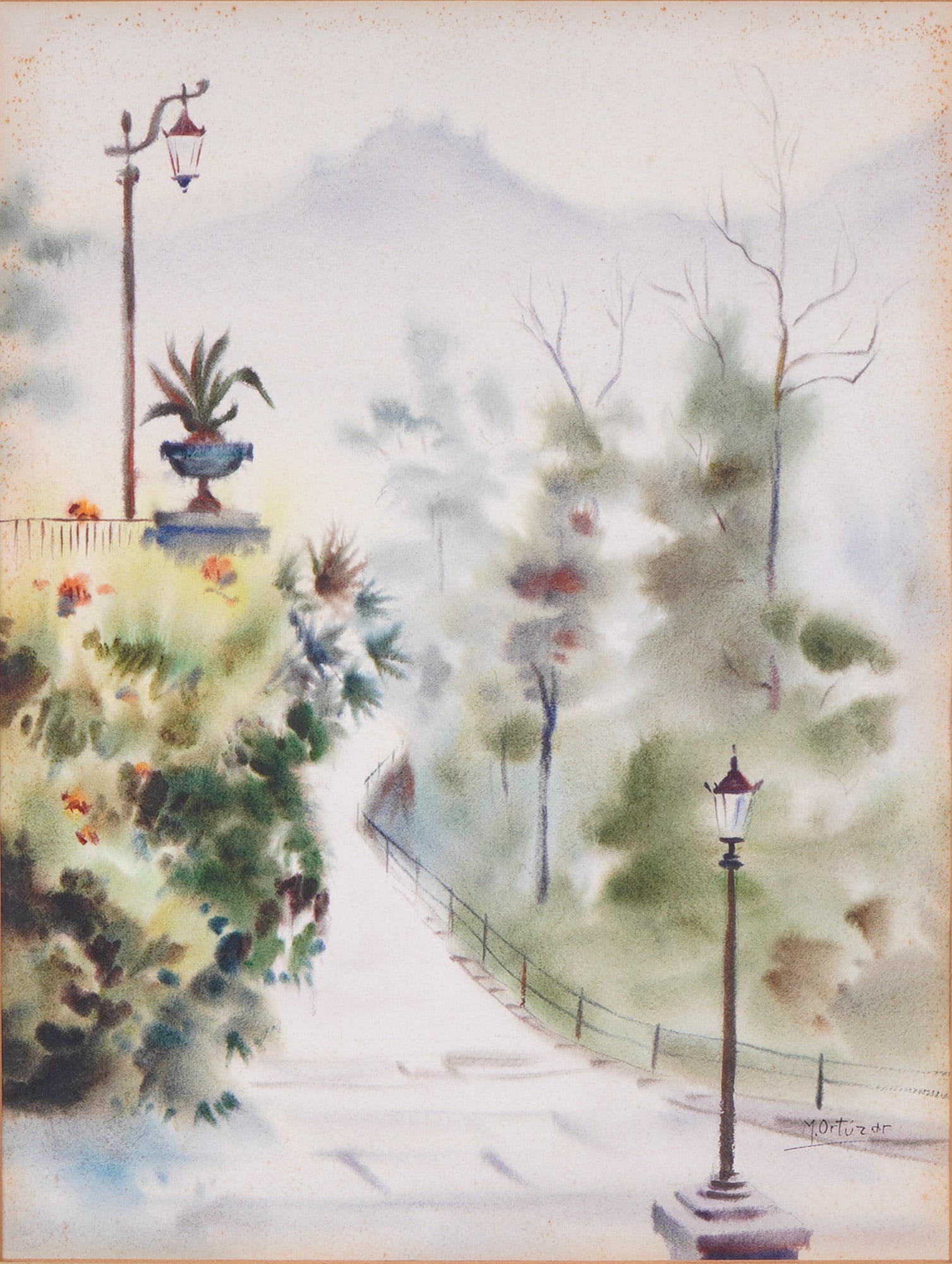 Mariano Ortuzar (Chilean, 20th Century), 'Misty Park Path', (Signed): Mariano Ortuzar (Chilean, 20th Century). This atmospheric landscape is rendered in watercolor and gouache on paper. The composition features a winding park path enveloped in fog, flanked by ornate