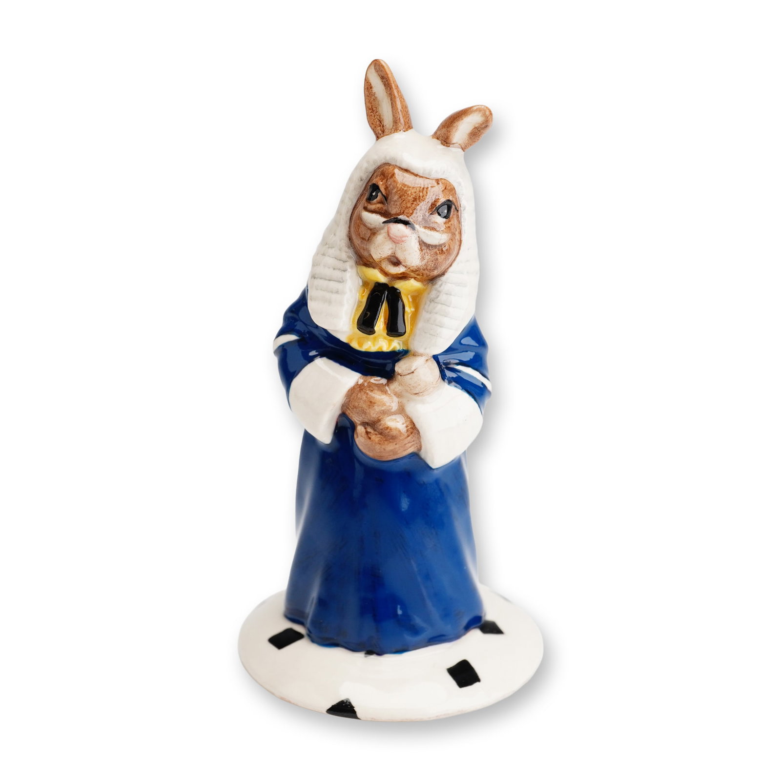 Royal Doulton Bunnykins Trial Special Colorway Figurine, Judge DB188: This Royal Doulton porcelain figurine from the Bunnykins collection depicts a rabbit in judicial attire. The figure is dressed in a full white periwig, a navy blue robe with white sleeve cuffs, and a 