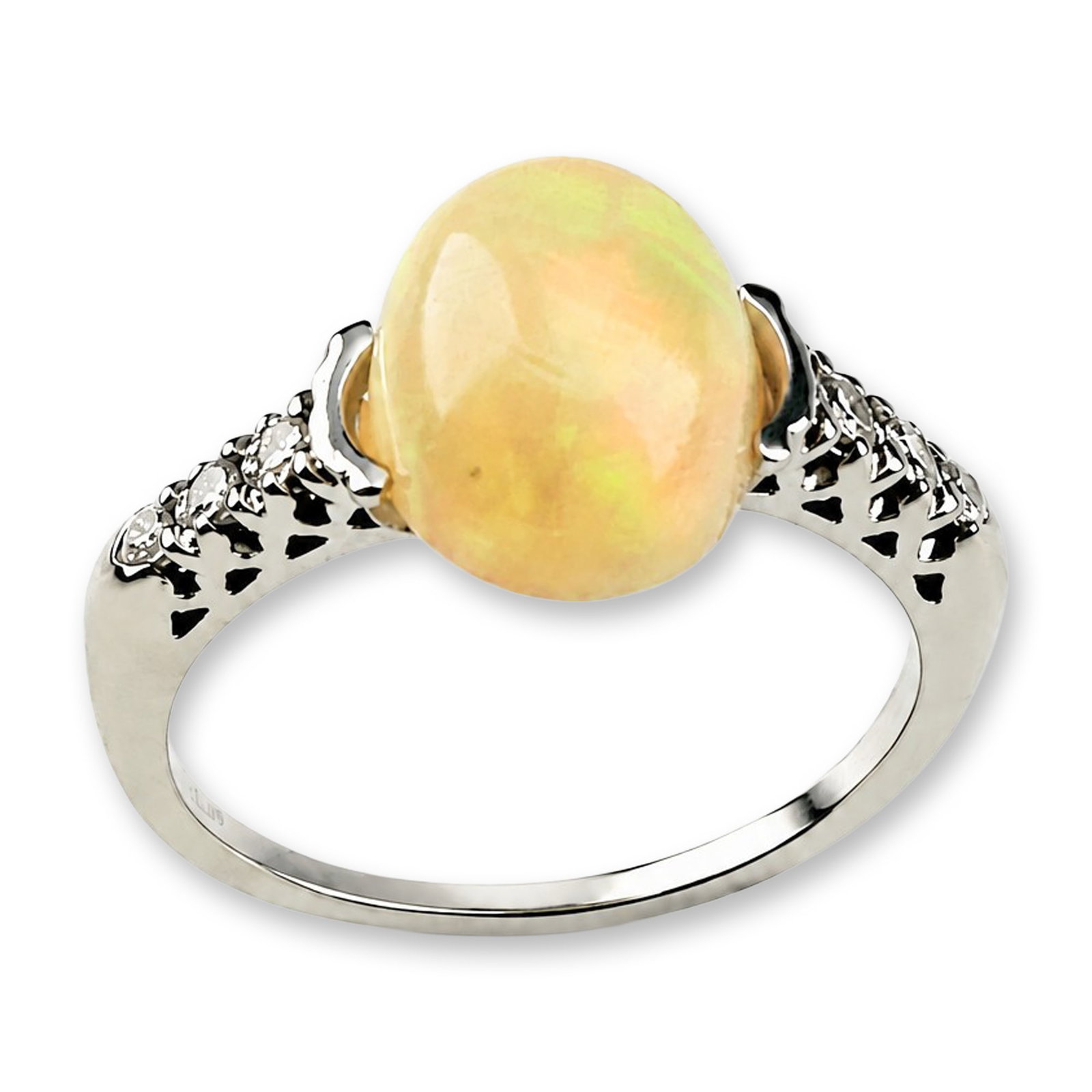 14K White Gold 4.84ct Opal and Diamond Cocktail Ring: Cocktail ring in 14 karat white gold featuring a prominent high-dome oval cabochon opal, weighing 4.84 carats. The translucent centerpiece displays play-of-color flashes in green, yellow, and orange, 