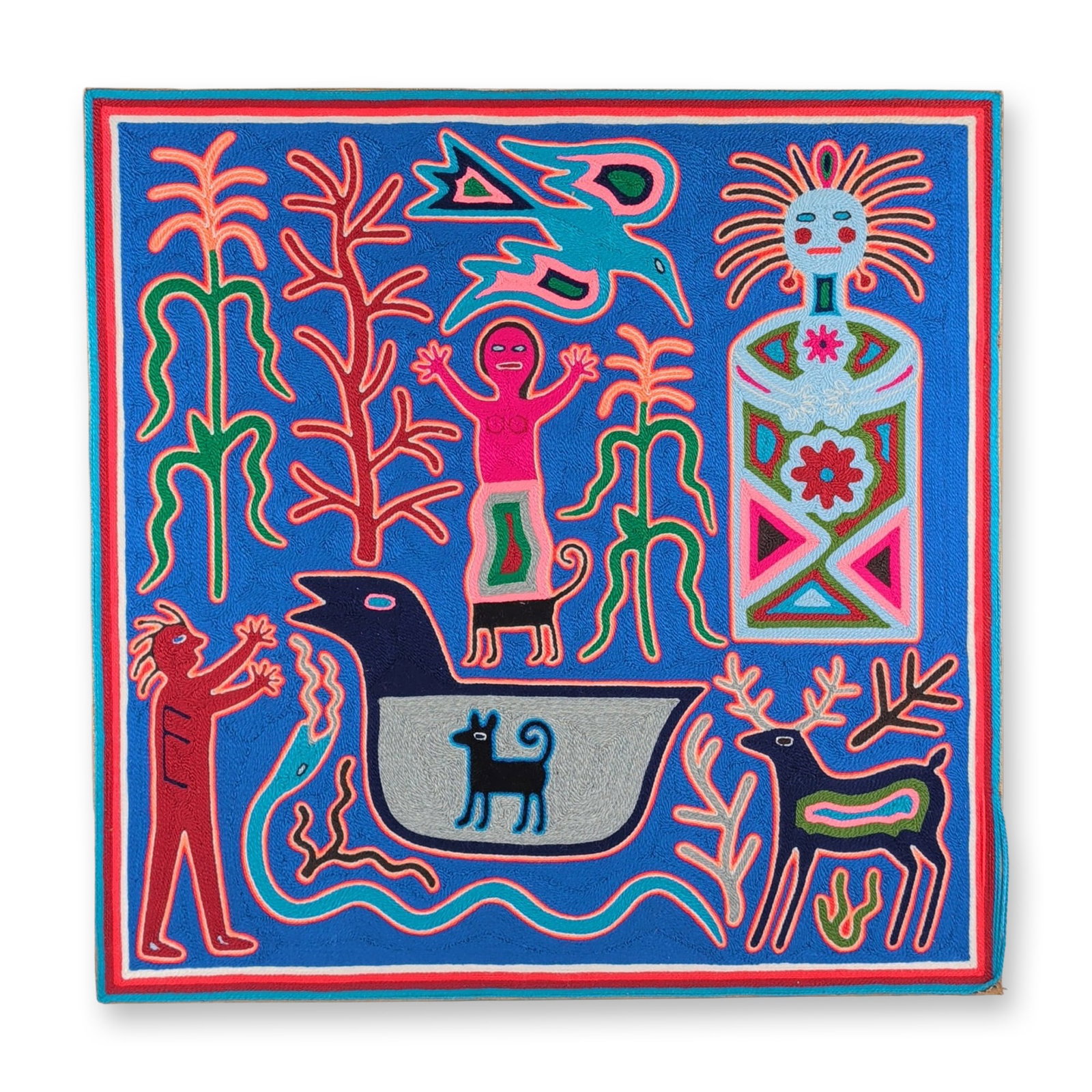 Antonio Lopez Pinedo Huichol Wixarika Yarn Painting: Antonio Lopez Pinedo (Huichol/Mexican). Wixarika yarn painting on Masonite board, featuring traditional Wixarika iconography including a solar deity, a deer with internal energy paths, and stylized ca