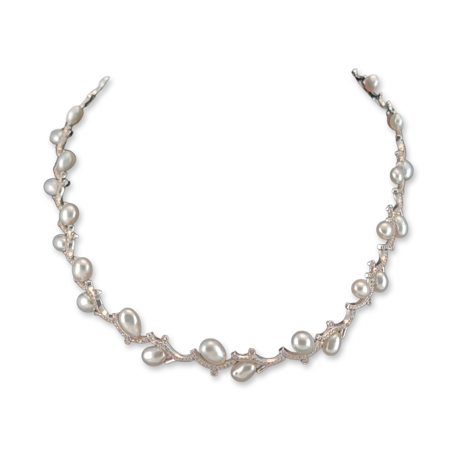 18K White Gold Pearl and 2.23ctw Diamond Necklace: A collar necklace in 18 karat white gold, featuring numerous teardrop shaped pearls exhibiting creamy white body color and silvery-pink overtones. The white gold vine motifs are accented with pave-set