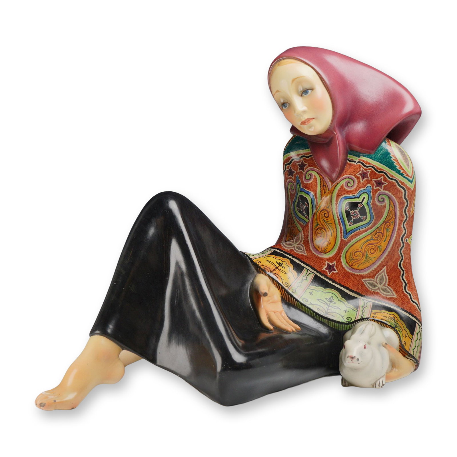 Lenci by Helen Konig Scavini Earthenware Sculpture, Ave Maria All-Round: Ave Maria All-Round" sculpture by Lenci, Turin, 1936. Polychrome glazed ceramic figure depicting a reclining woman with a scarf and rabbit. Signed at the base. Underside marked "Lenci 5-36" with decor