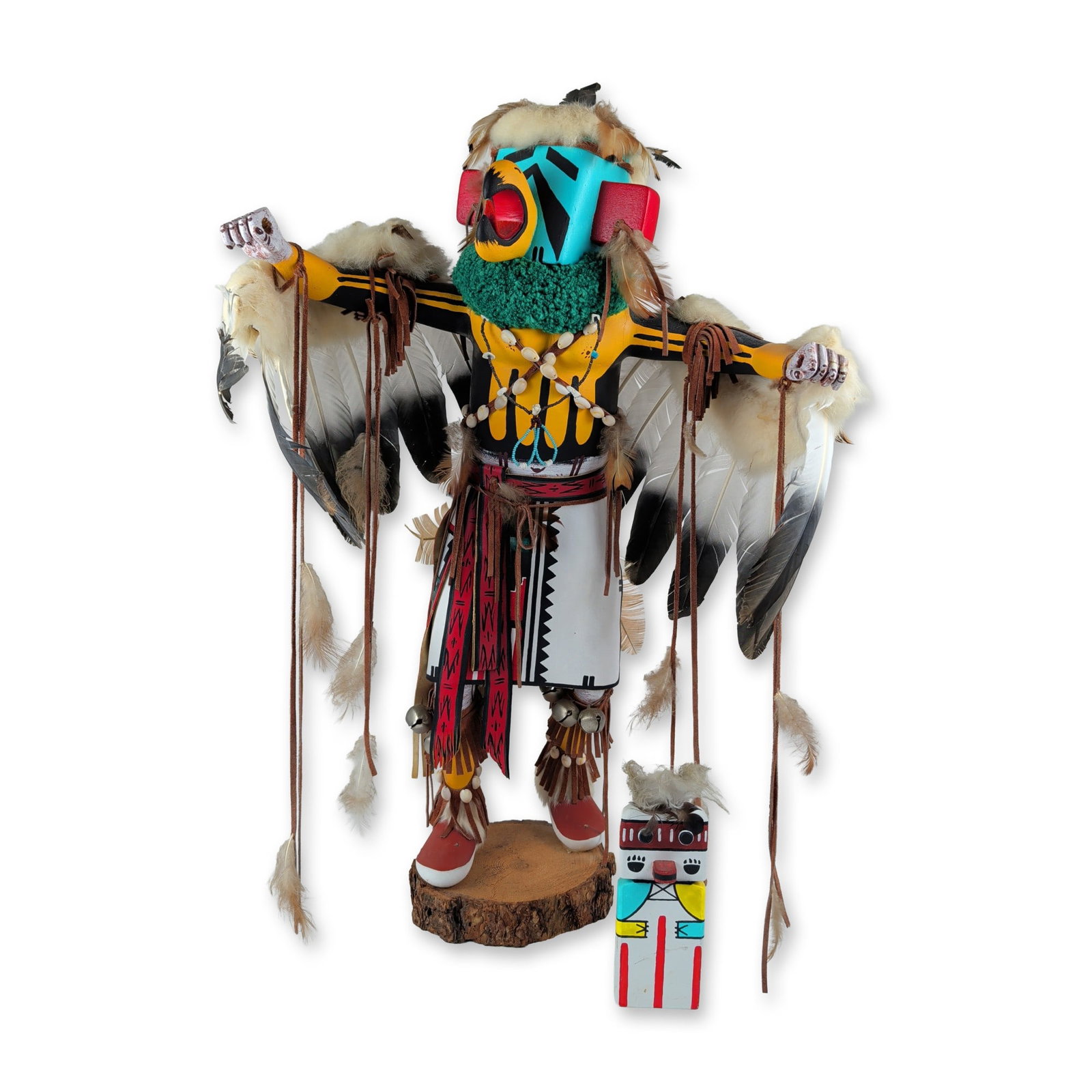 Albert Tso (Navajo, 20th/21st Century) Kachina Doll Eagle Dancer plus Hopi Flat Doll: Navajo Eagle Dancer kachina doll by artist Albert Tso. The hand-carved wood figure is decorated with acrylic paint, featuring a yellow torso with black highlights, a turquoise-blue mask with red ears,