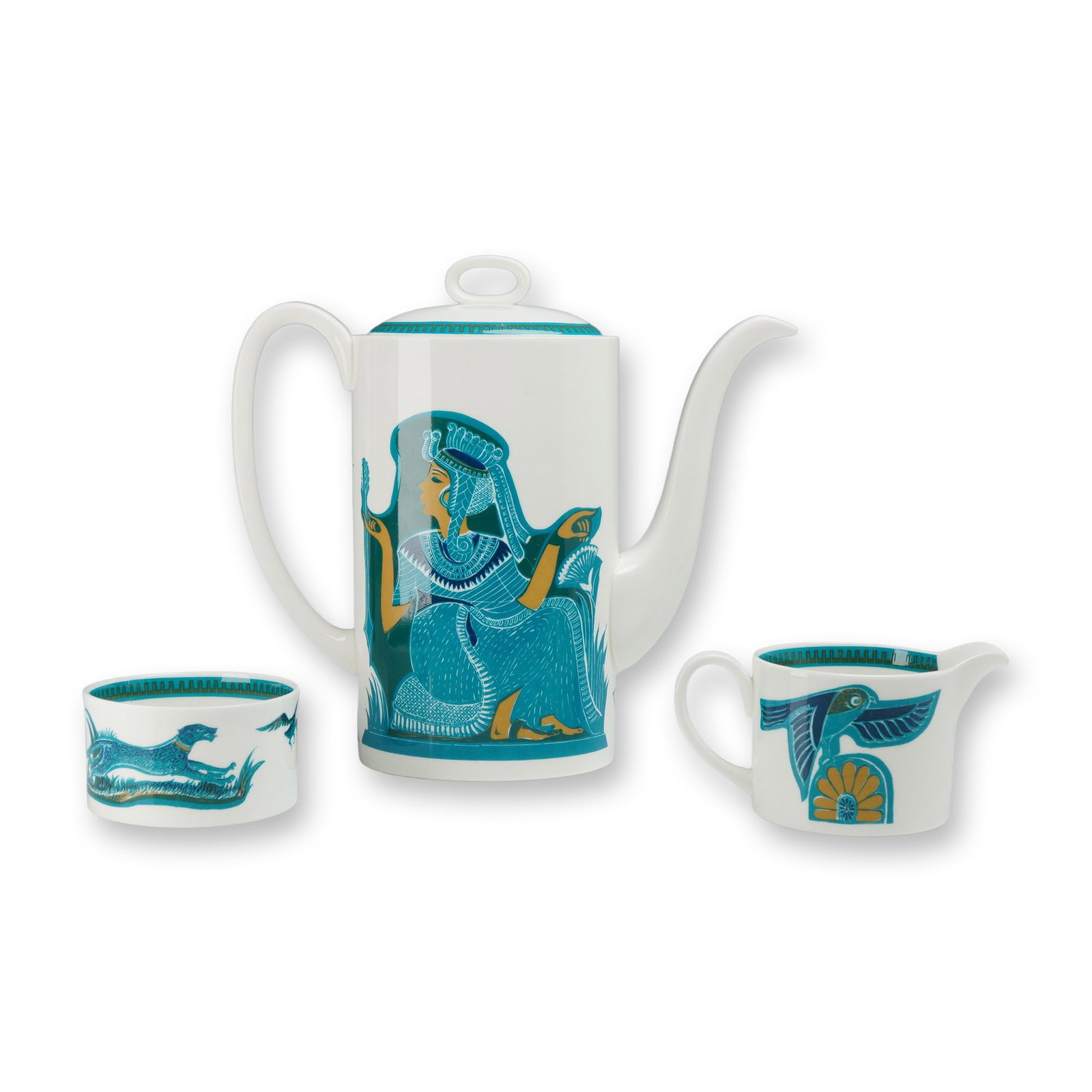 3pc Wedgwood Susie Cooper Ashmun Tea Set: This is a three piece fine bone china tea set in the Egyptian Revival Ashmun pattern, designed by Susie Cooper for Wedgwood. The set includes one lidded teapot, one creamer, and one cup. Each piece is