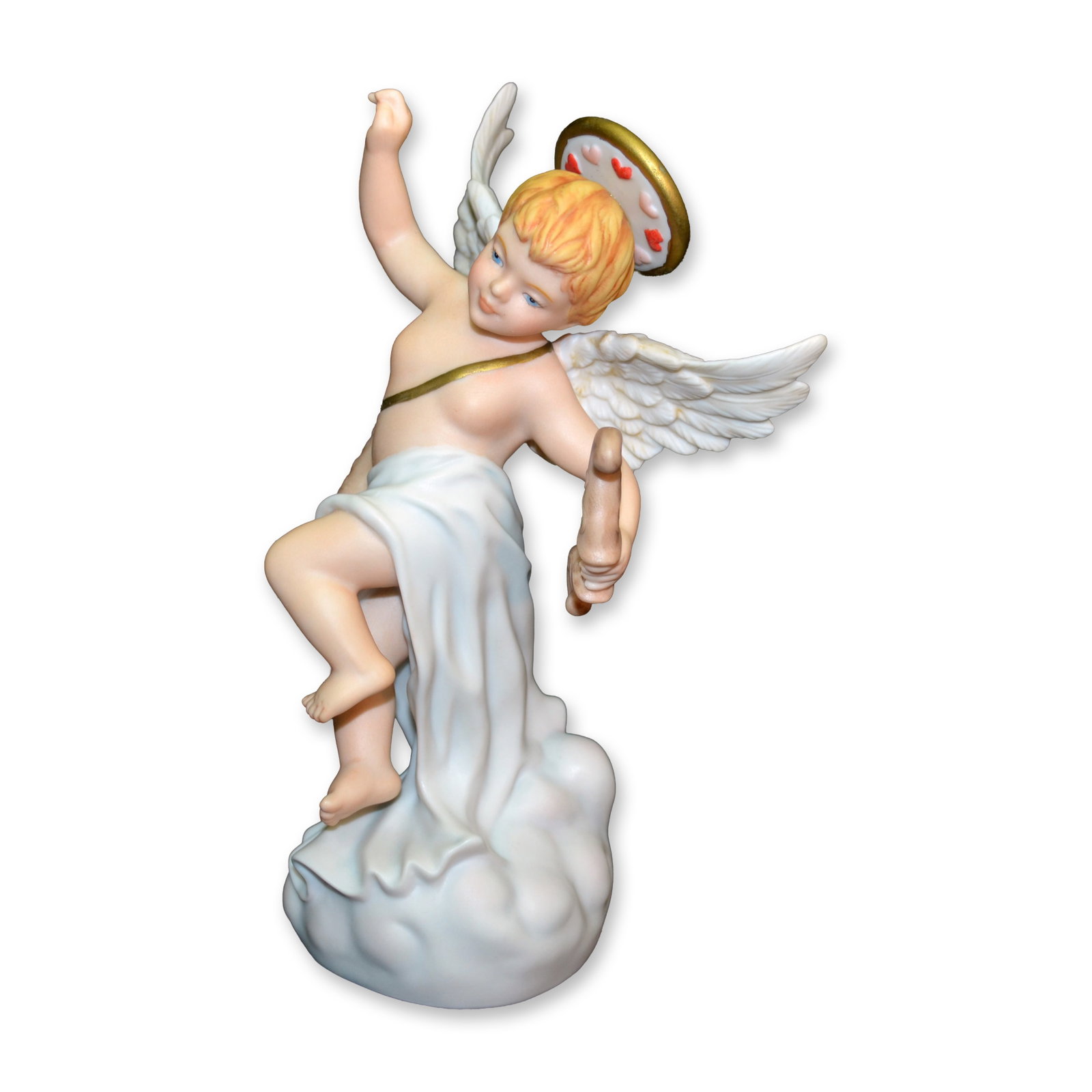 RNR Porcelain Cupid Of Love Angel Figurine, 2006: Bisque Porcelain Decorated, hand created, hand painted Cupid of Love Angel Figurine, Wings spread, from the Inspirational Collection, by RNR Gifts. Issued: 2006. Hallmark: 19007. Authentic Backstamp o