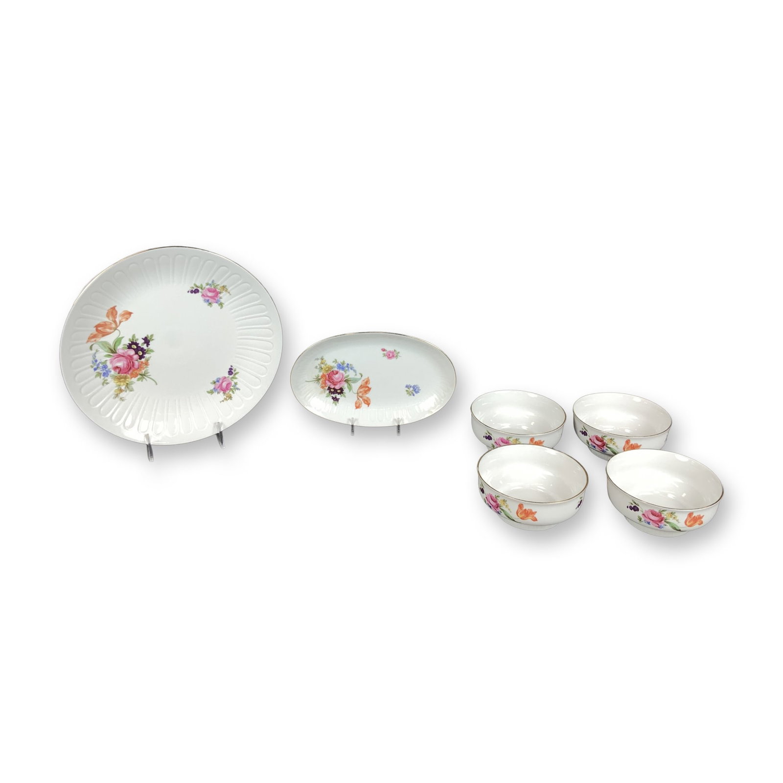 6pc Henneberg Porcelain Floral Dinnerware Set: This is a six-piece set of white porcelain tableware produced by Henneberg Porzellan in the German Democratic Republic. The collection is decorated in a traditional German floral style featuring multi