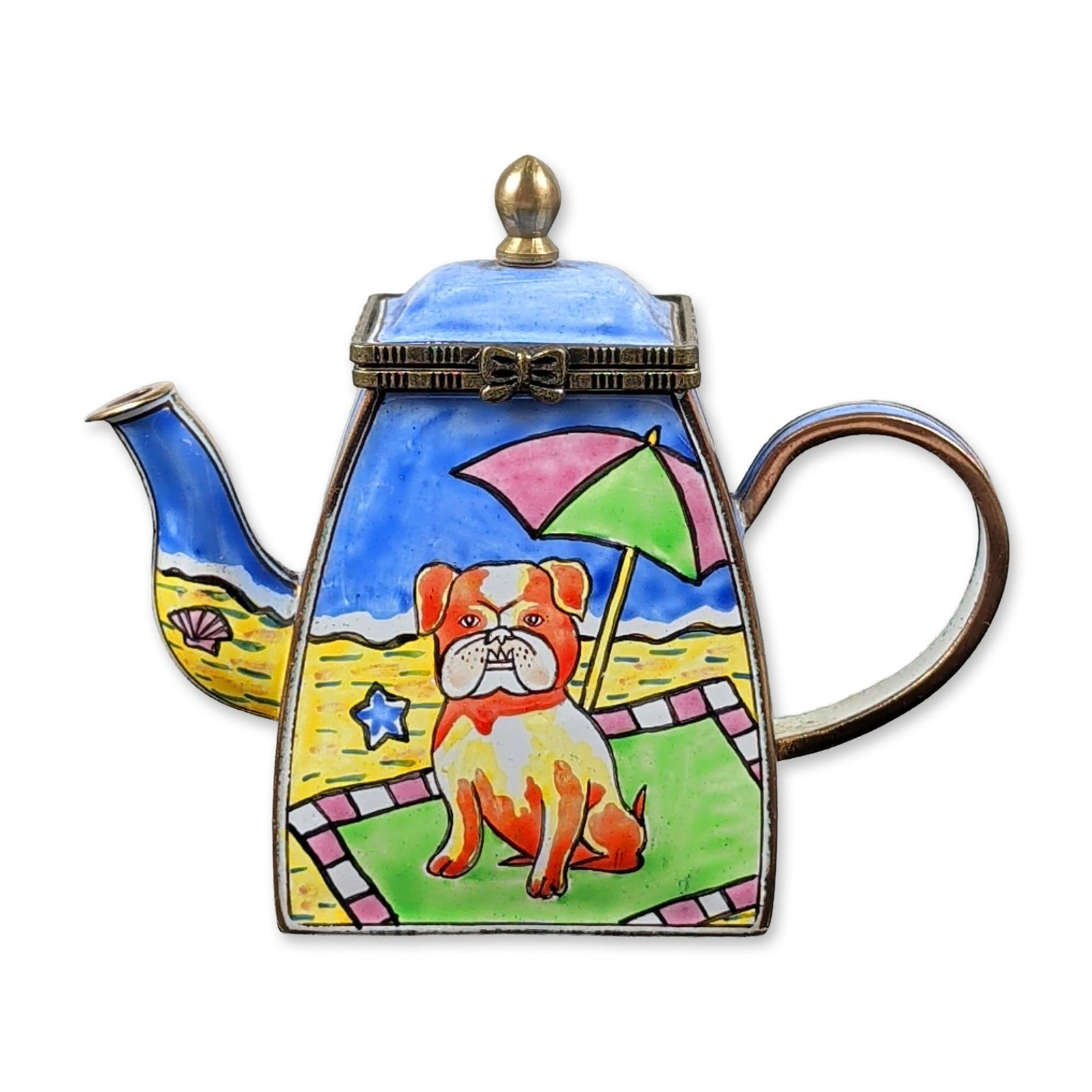 Kelvin Chen Enamel Miniature Teapot Box: Kelvin Chen (contemporary), miniature teapot-form box in hand-painted enameled metal. The polychrome decoration features a bulldog seated on a sandy beach beneath a pink and green striped umbrella, se
