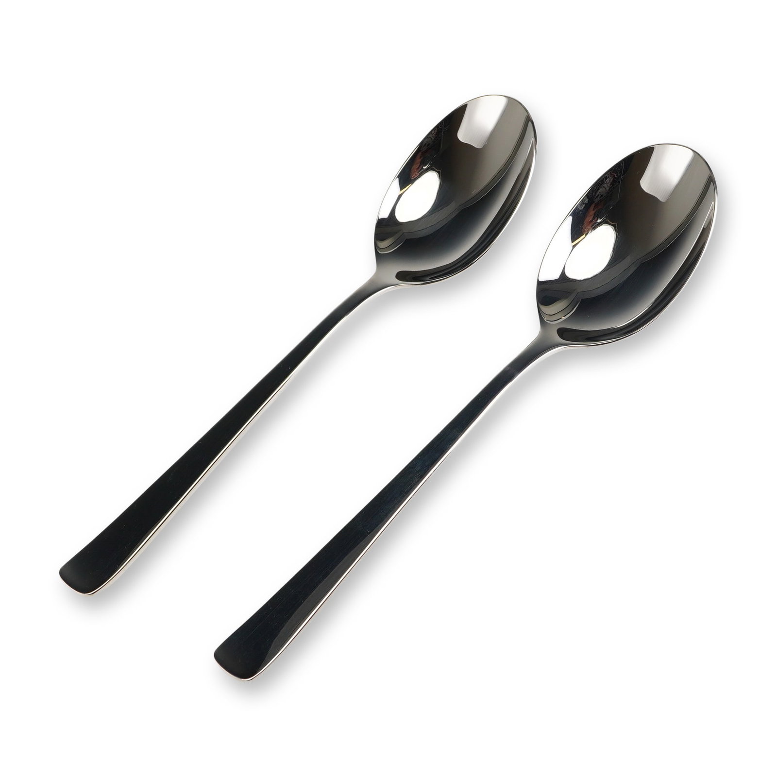2pc Robbe & Berking Stainless Steel Serving Spoons: These items exhibit a contemporary, minimalist design with long, slender handles and deep oval bowls, suitable for use as soup or bouillon spoons. The material is identified as polished stainless stee