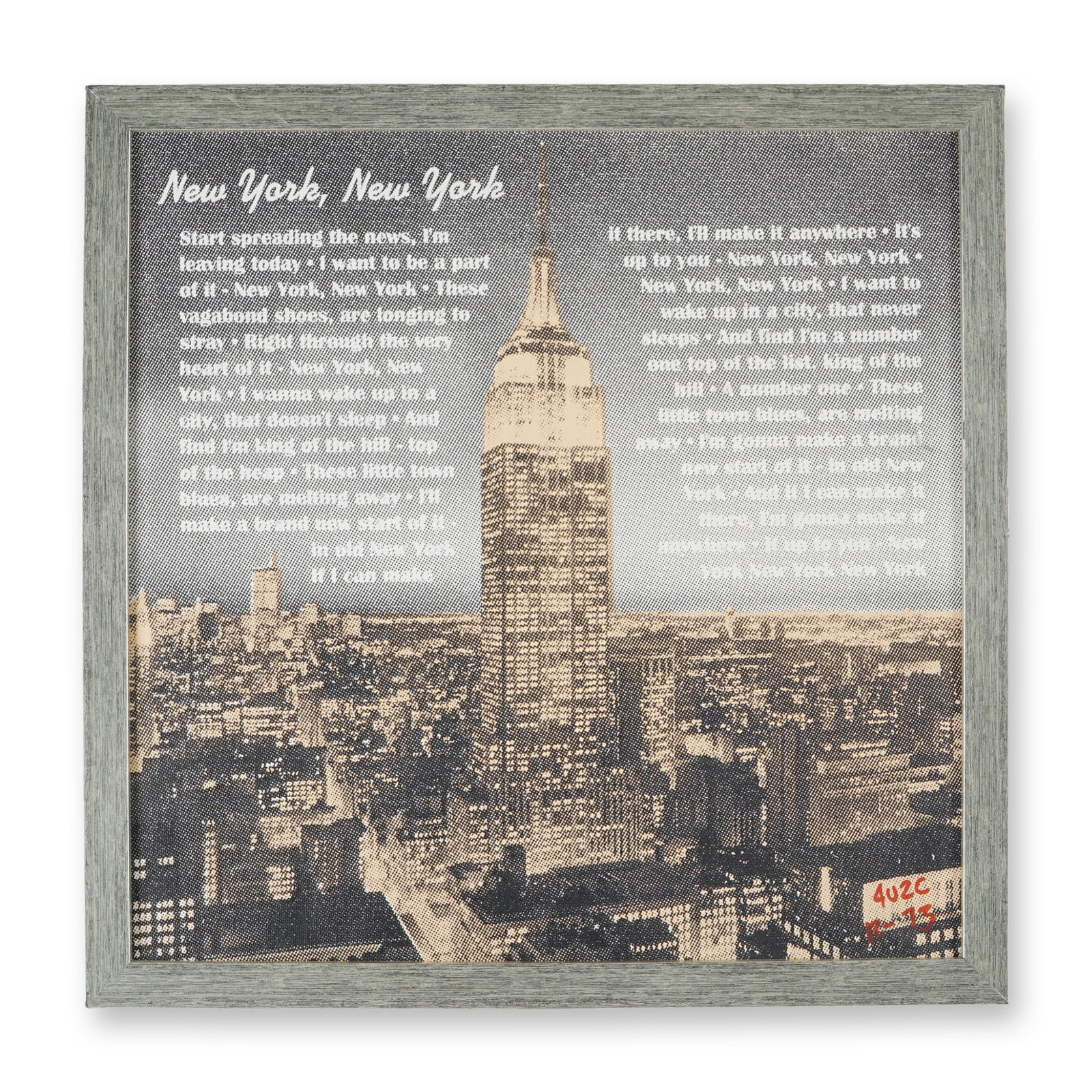 Ringo, Silkscreen on Canvas, New York New York - Hand Signed: Silkscreen on canvas depicting the Empire State Building with lyrics from "New York, New York," made famous by Frank Sinatra. This Pop Art-style composition is signed "Ringo" in red at the lower right