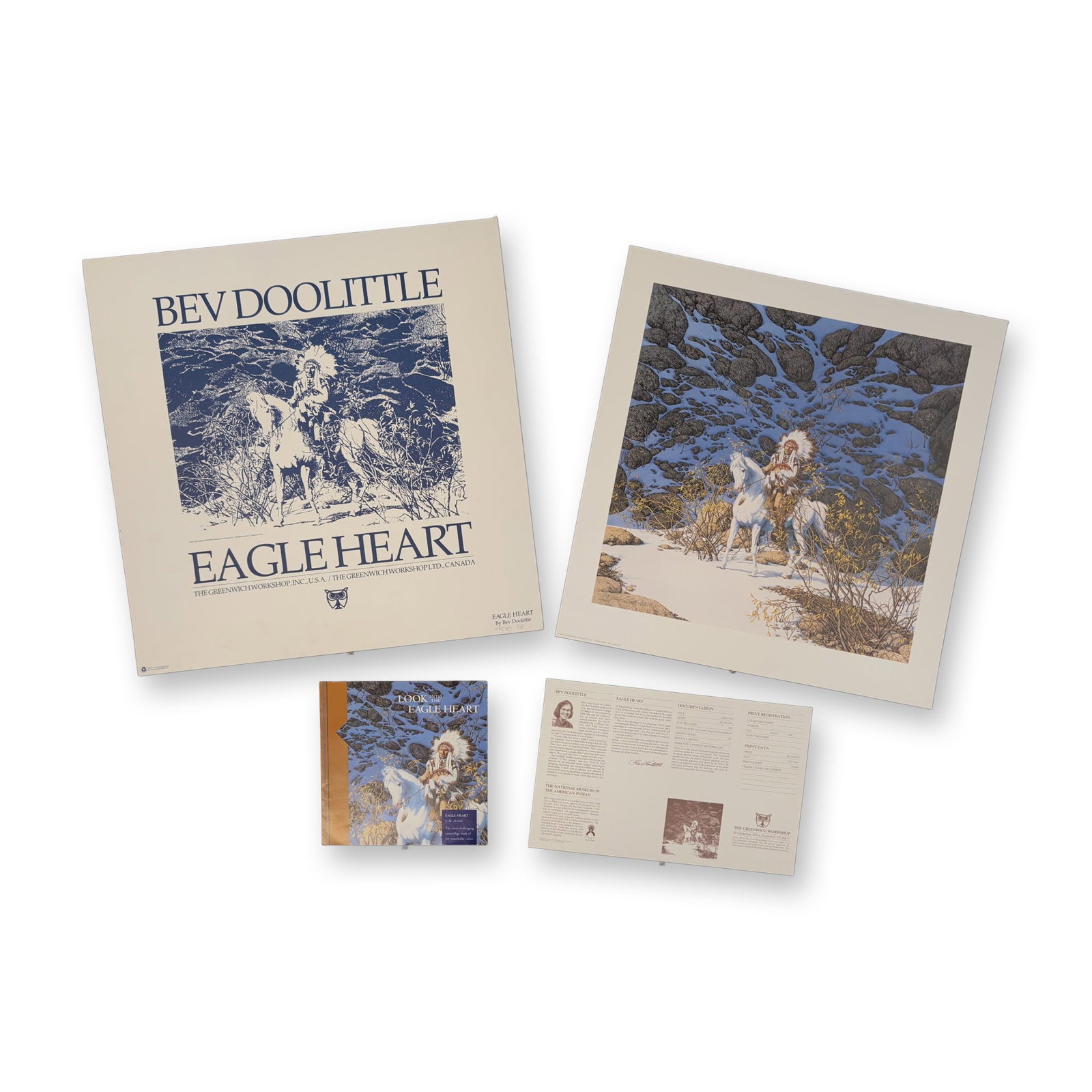 Bev Doolittle (American, b. 1947), "Eagle Heart" Signed Limited Edition: Bev Doolittle (American, b. 1947). Eagle Heart, 1992, offset lithograph on paper, featuring the artist's signature camouflage technique depicting a Native American rider on a white horse in a snowy, r