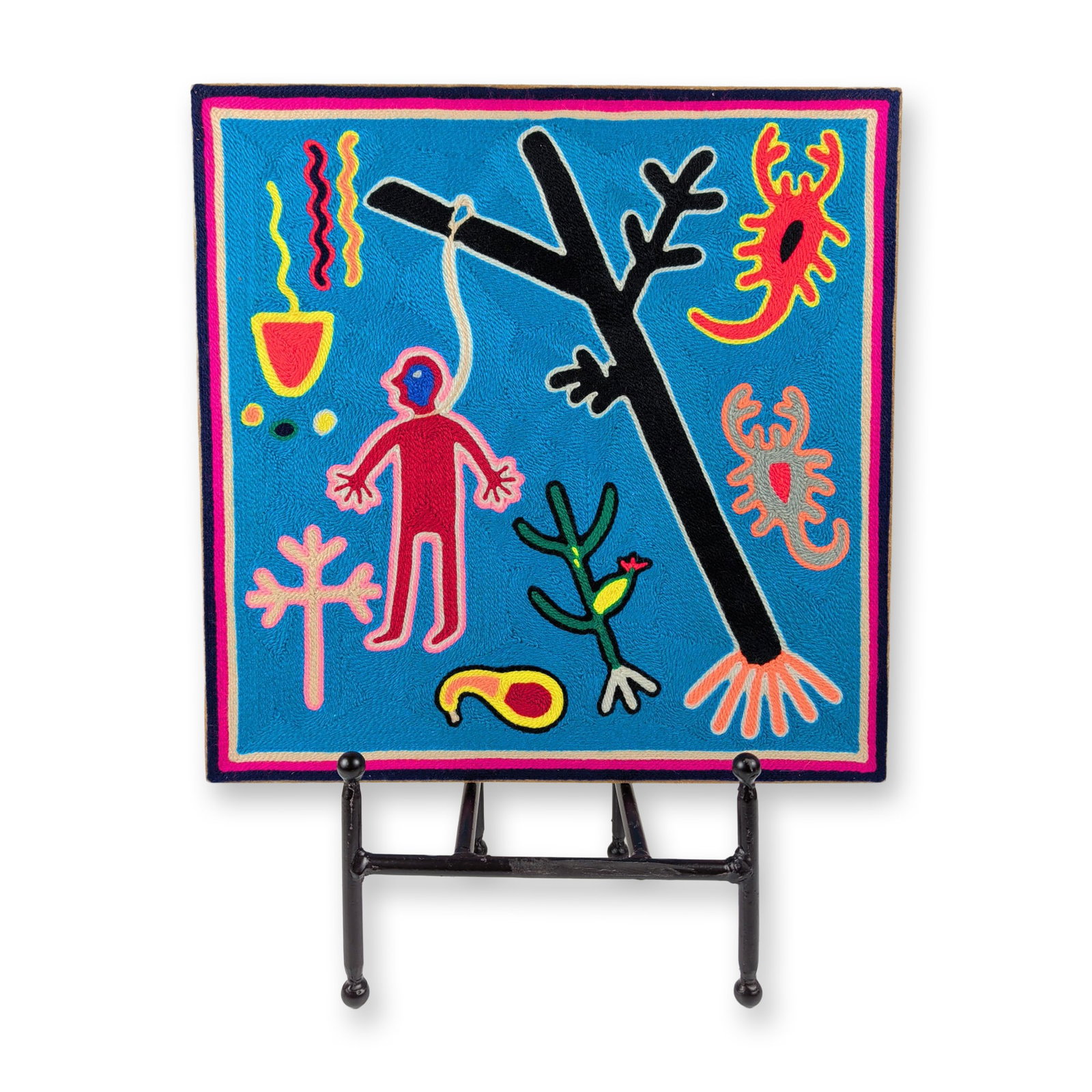 Antonio Lopez Pineda Wixarika Yarn Painting: Antonio Lopez Pineda (Mexican, Wixarika), yarn painting on masonite board with traditional mythological iconography. The composition features a central black figure with branching limbs connected by a