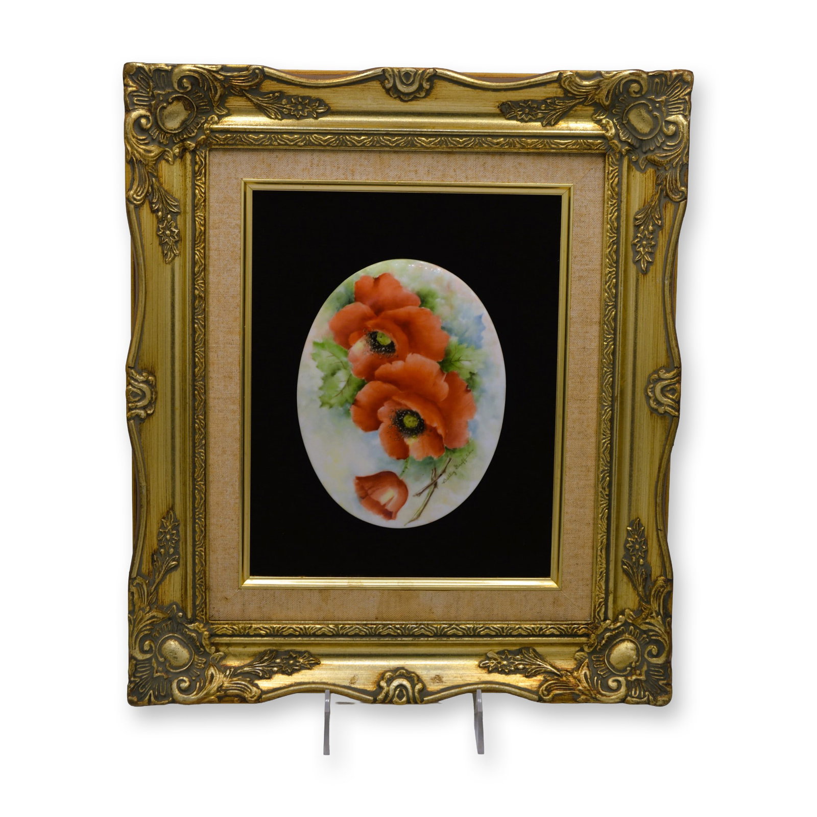 B. Griffiths Original Painting on Porcelain, The Red Poppies, Signed, Gold Leaf Frame, Museum: Betty Griffiths, Celebrated Artist who painted for Connoisseur of Malvern presents "The Red Poppies." An Original, hand painted on English Fine Bone China, oval shaped porcelain relief sets the stage 