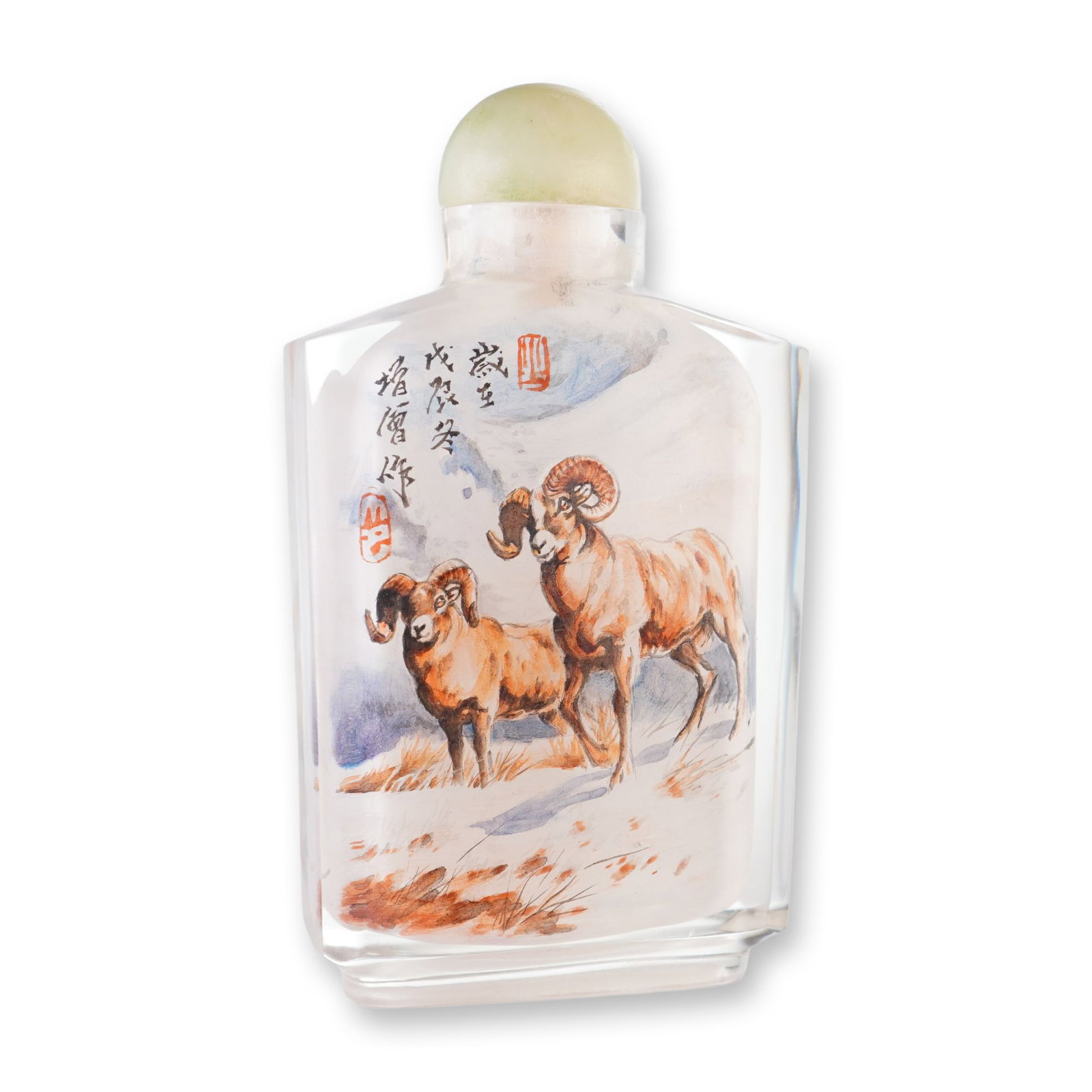 Inside Painted Glass Snuff Bottle, Rams and Calligraphy: This rectangular glass snuff bottle is decorated with an interior painting on each side depicting rams on a snowy landscape, with calligraphy and red seals in the upper left corners. It is accompanied