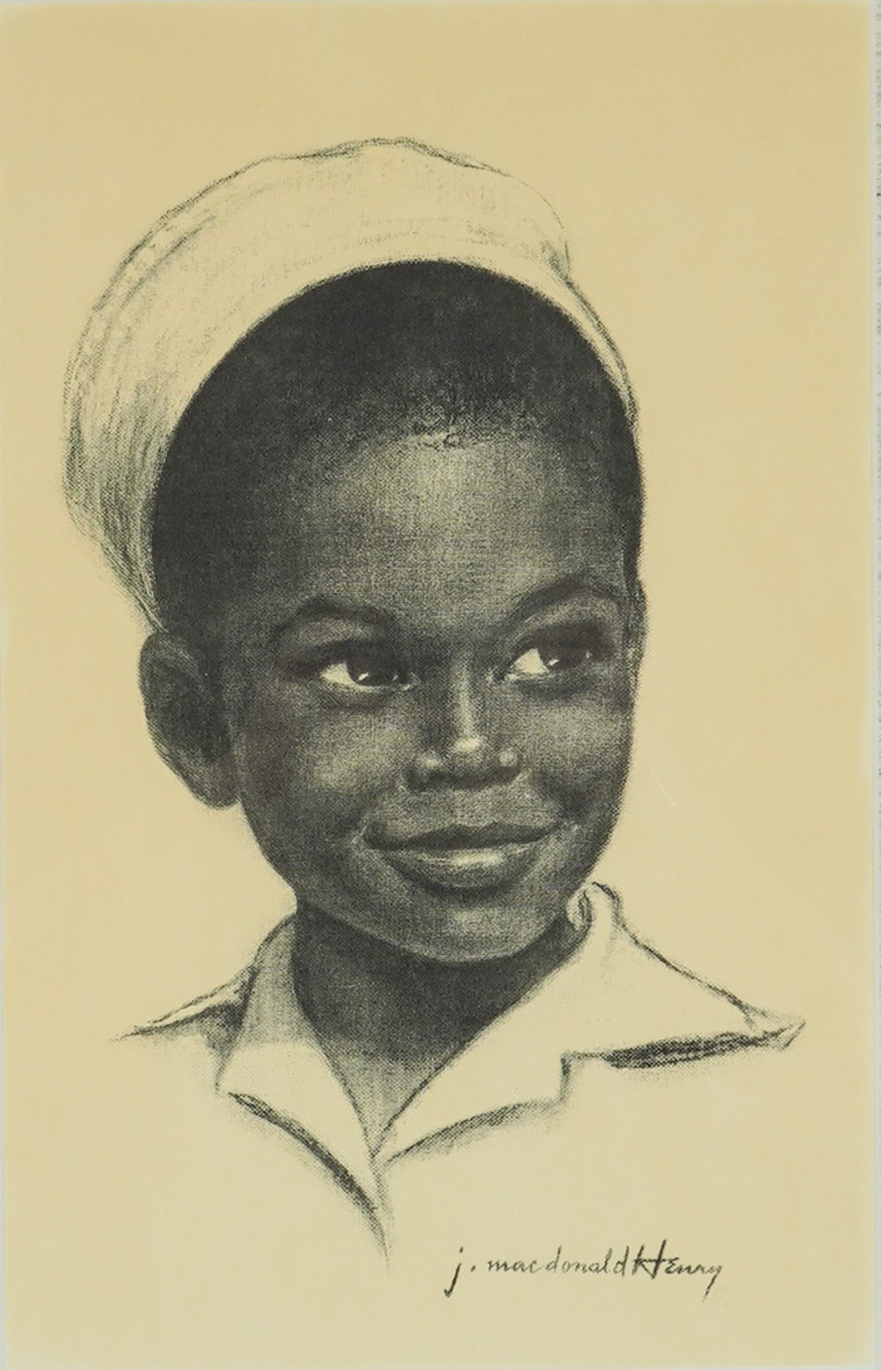 J. MacDonald Henry (Jamaican 1960-2008) Print on Paper, Portrait of Tups: This framed print on cream-tinted paper by Jamaican artist J. MacDonald Henry depicts a portrait of Tups, a young smiling Black boy wearing a hat and a collared shirt, rendered in a style mimicking ch