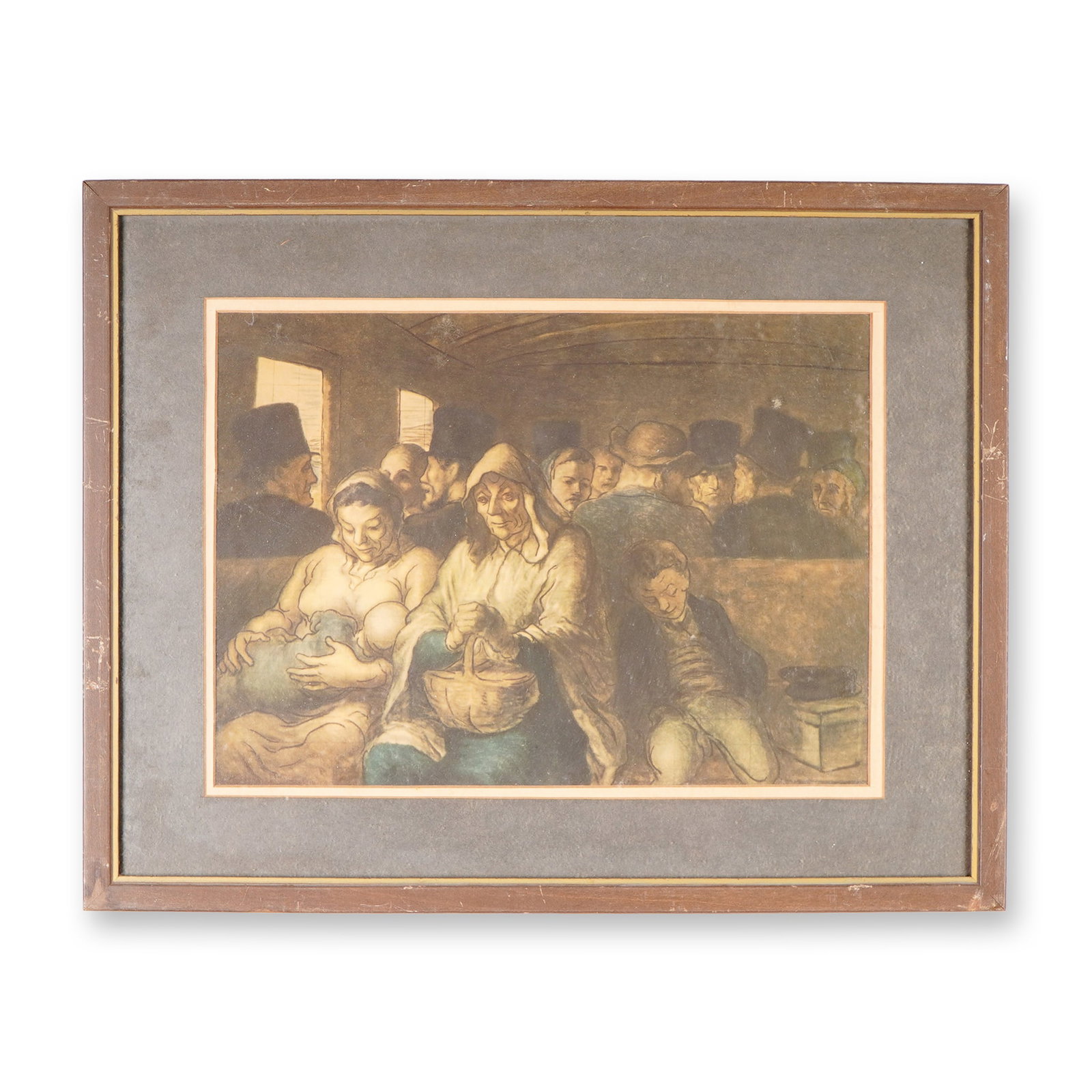 Print After Honore Daumier, Third-Class Carriage: Framed color print after Honore Daumier's famous painting The Third-Class Carriage, a poignant depiction of working-class passengers in a cramped railway compartment. Originally painted in the 1860s, 
