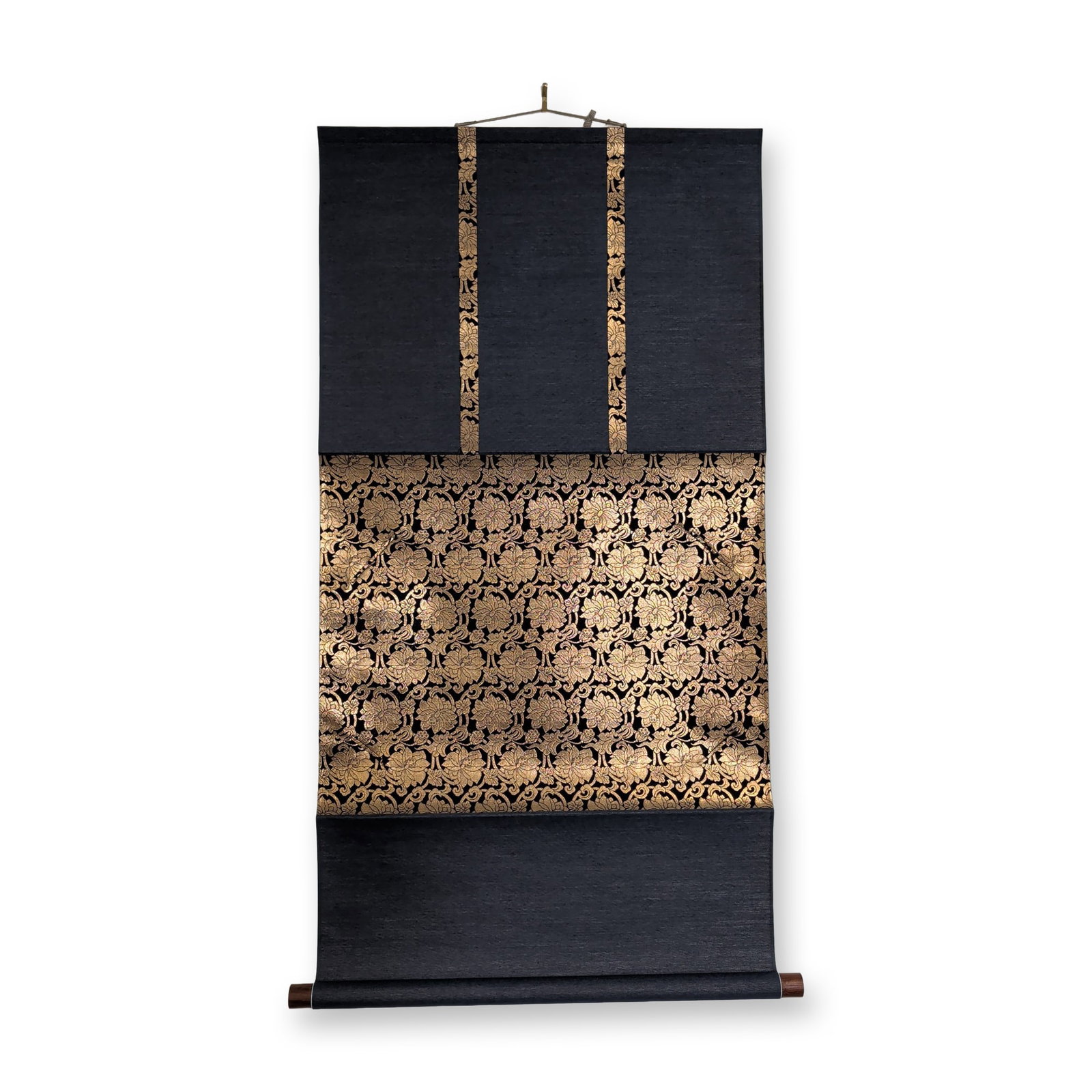 Japanese Silk Brocade Kakejiku Hanging Scroll Mount: Japanese kakejiku hanging scroll mount constructed with dark grey textile panels and a central section of gold-threaded floral brocade on a deep burgundy ground. Two matching horizontal bands are posi