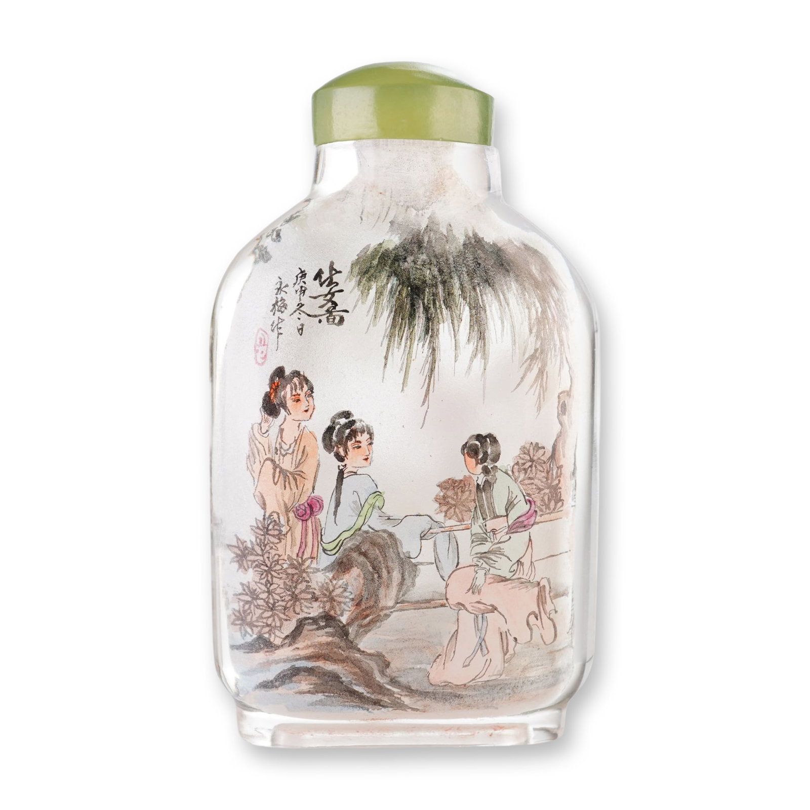 Inside Painted Glass Snuff Bottle, Maidens in Garden: A rounded rectangular glass snuff bottle presented with a domed green stopper. The interior is painted with a continuous scene depicting maidens in the garden. The upper left corner features calligrap