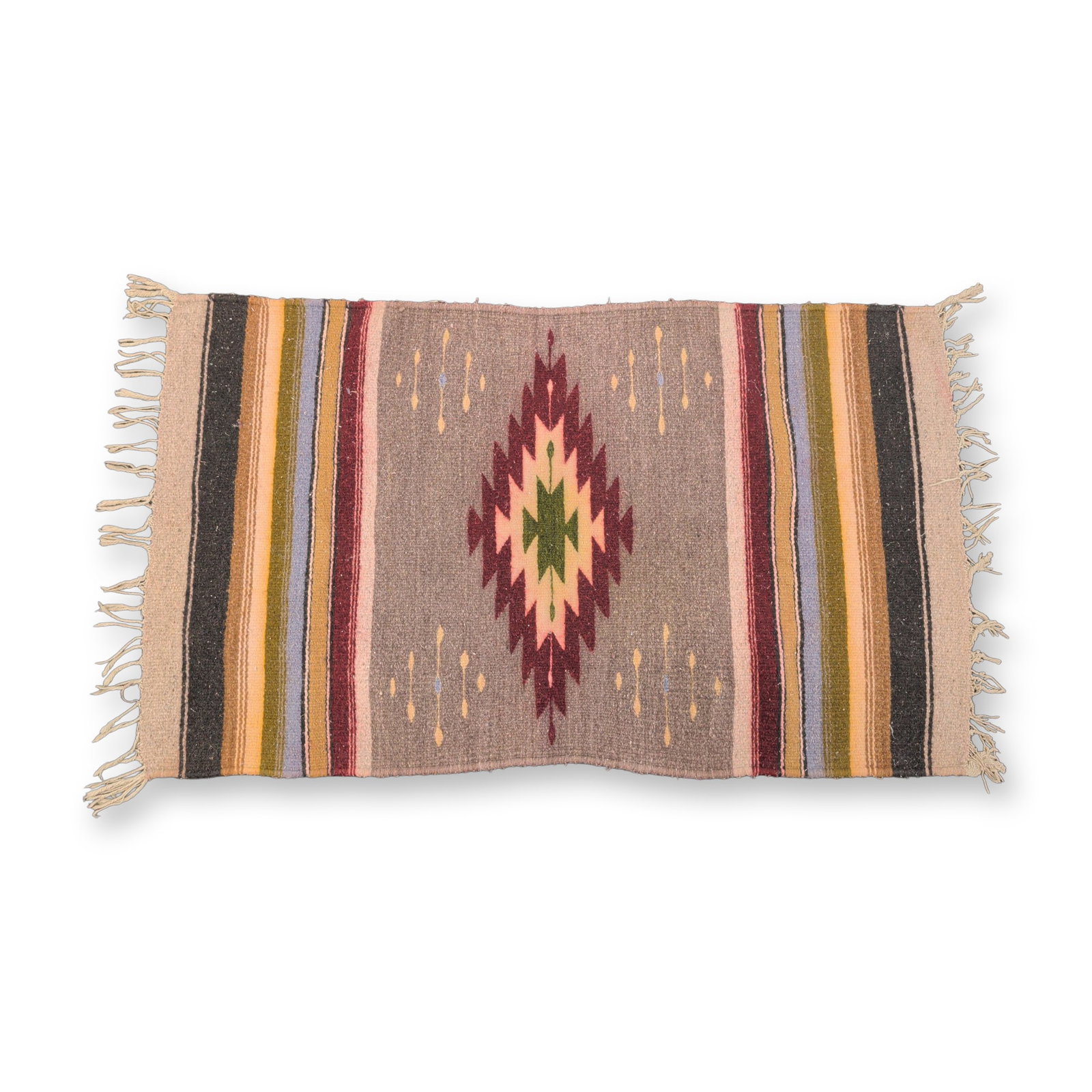 Southwest Style Flatweave Accent Rug: Southwest style flatweave rug featuring a central serrated eye-dazzler diamond medallion in burgundy, cream, and olive green. The central design is set against a neutral gray ground with small horizon