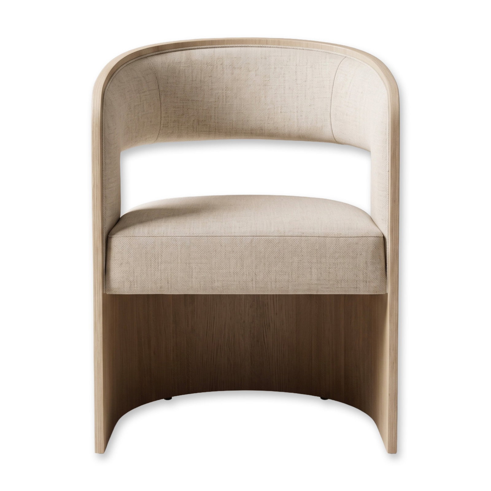 Caracole Barrel-Back Curved Wood Frame and Upholstered Seat Balance Chair: Caracole Contemporary "Balance" accent chair upholstered in light-toned linen with a subtle woven texture. Features a Sun Drenched Oak finish and an architectural C-shaped frame with a curved barrel b