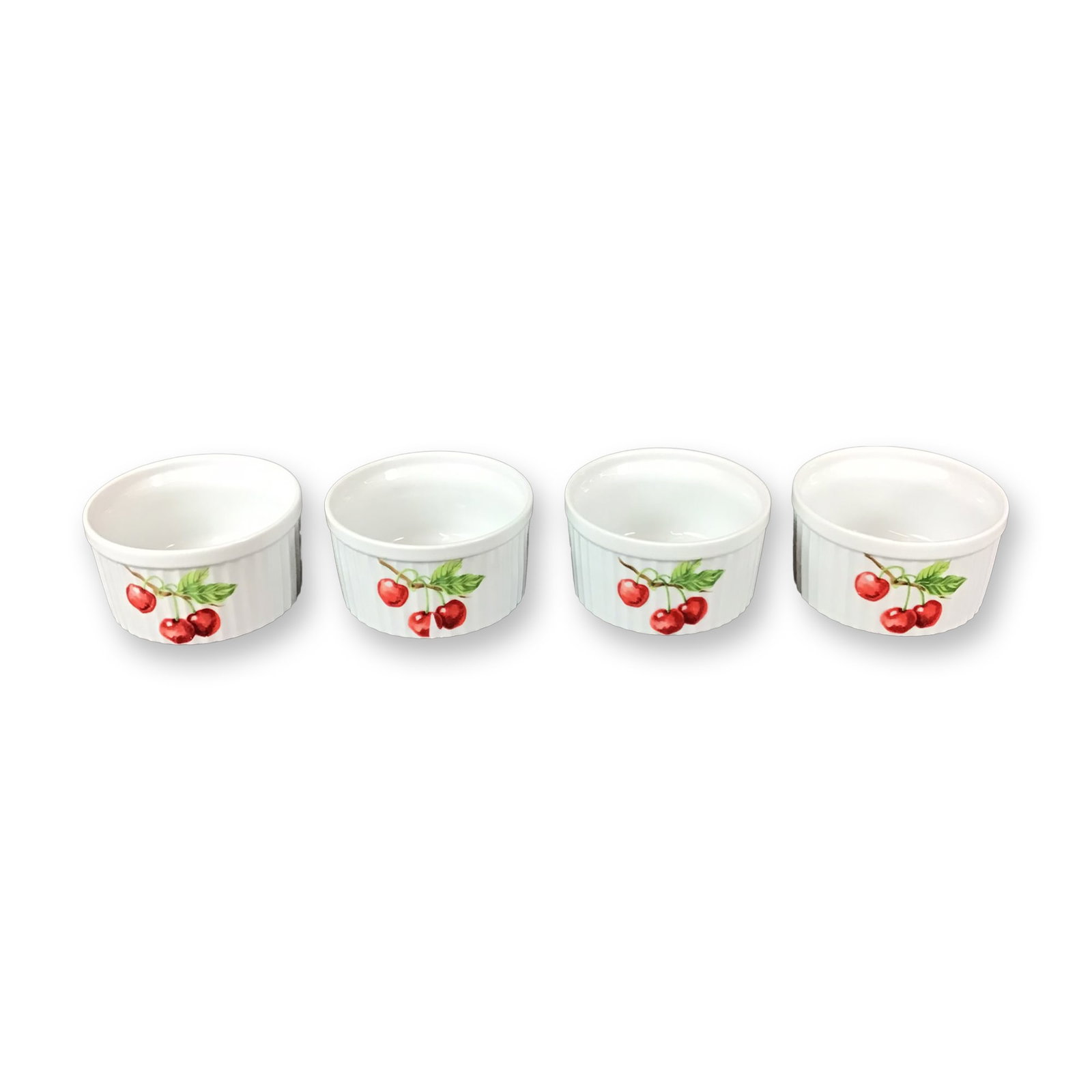 Set of 4 Seymour Main Inc Oven to Table Ramekins, Cherry Berry: This set of 4 ceramic ramekins is produced by Seymour Main Inc. and features an oven-to-table design. The circular dishes are crafted with fluted exterior walls and smooth interiors. Each ramekin is d