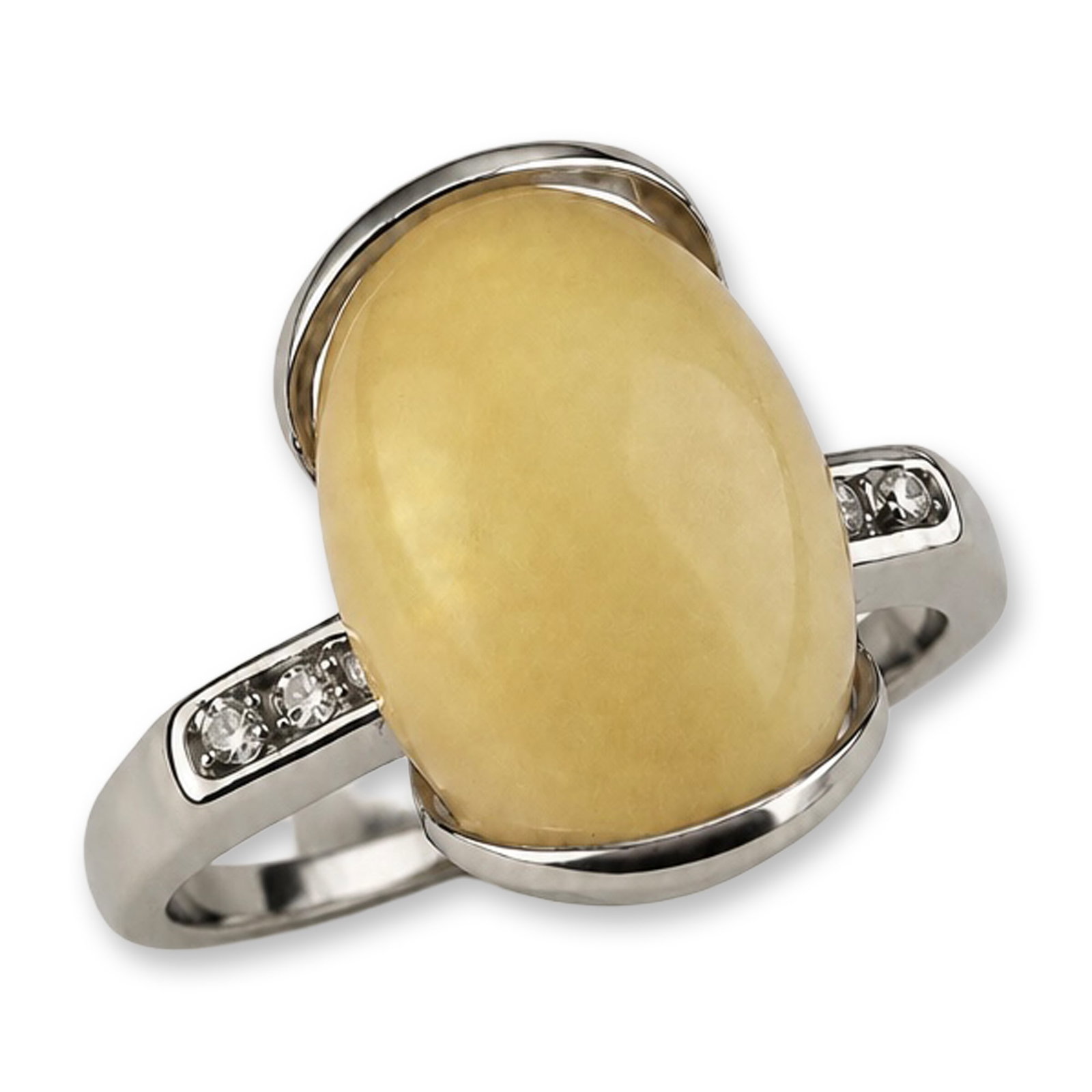 14K White Gold 4.77ct Opal and Diamond Ring: 14 karat white gold cocktail ring featuring a large 4.77 carat oval opal displaying green, yellow, and orange play-of-color. The opal is secured in a partial bezel wrap setting and is flanked by six r