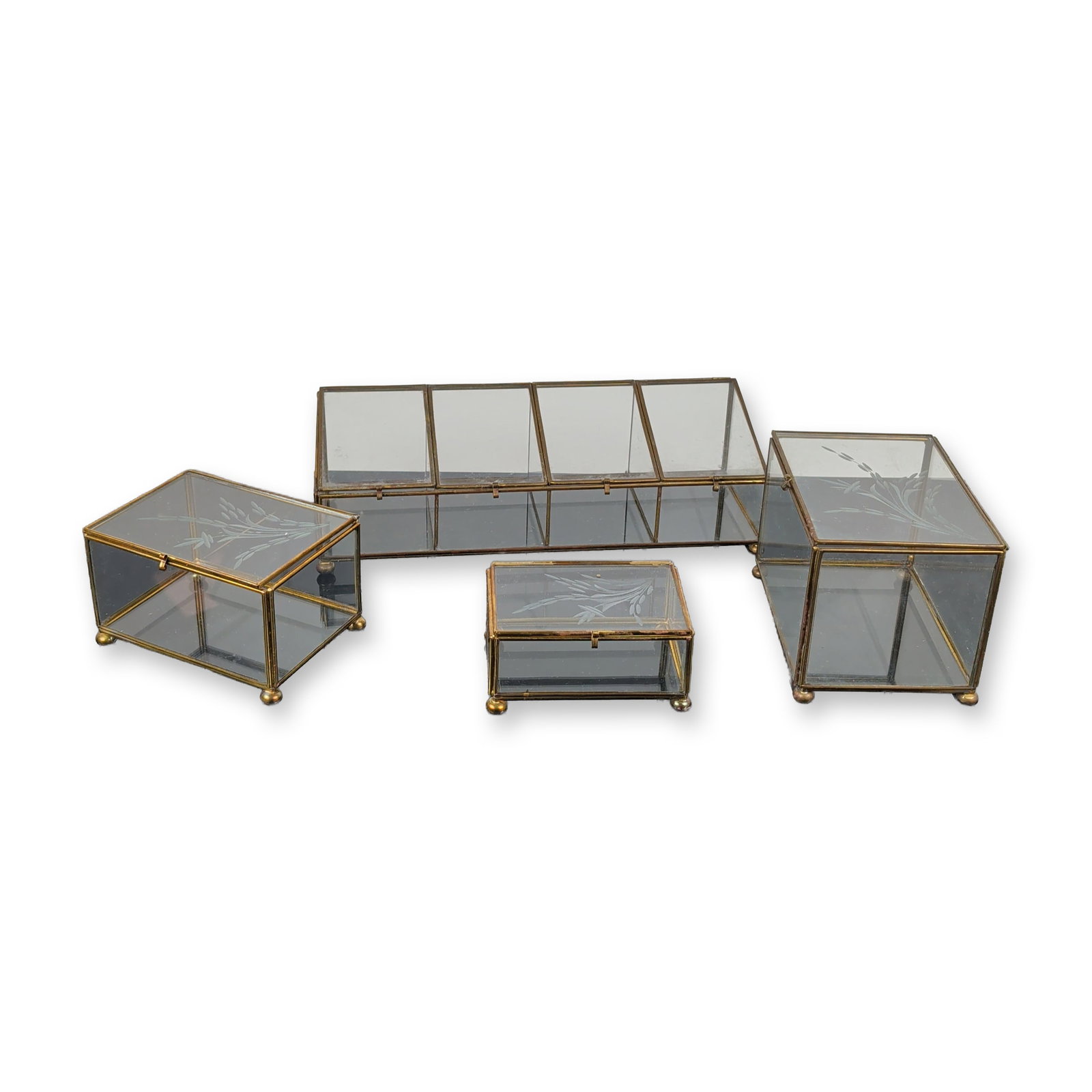 4pc Hollywood Regency Glass and Brass Jewelry Boxes (1 of 4)