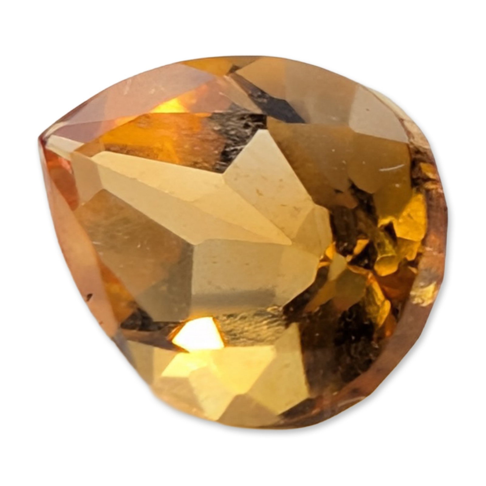 Faceted Pear Cut Citrine Gemstone: A faceted loose gemstone of a vibrant golden-yellow hue, which appears to be citrine. The stone is cut in a pear shape with brilliant-style faceting on the crown and pavilion. It exhibits a saturated 