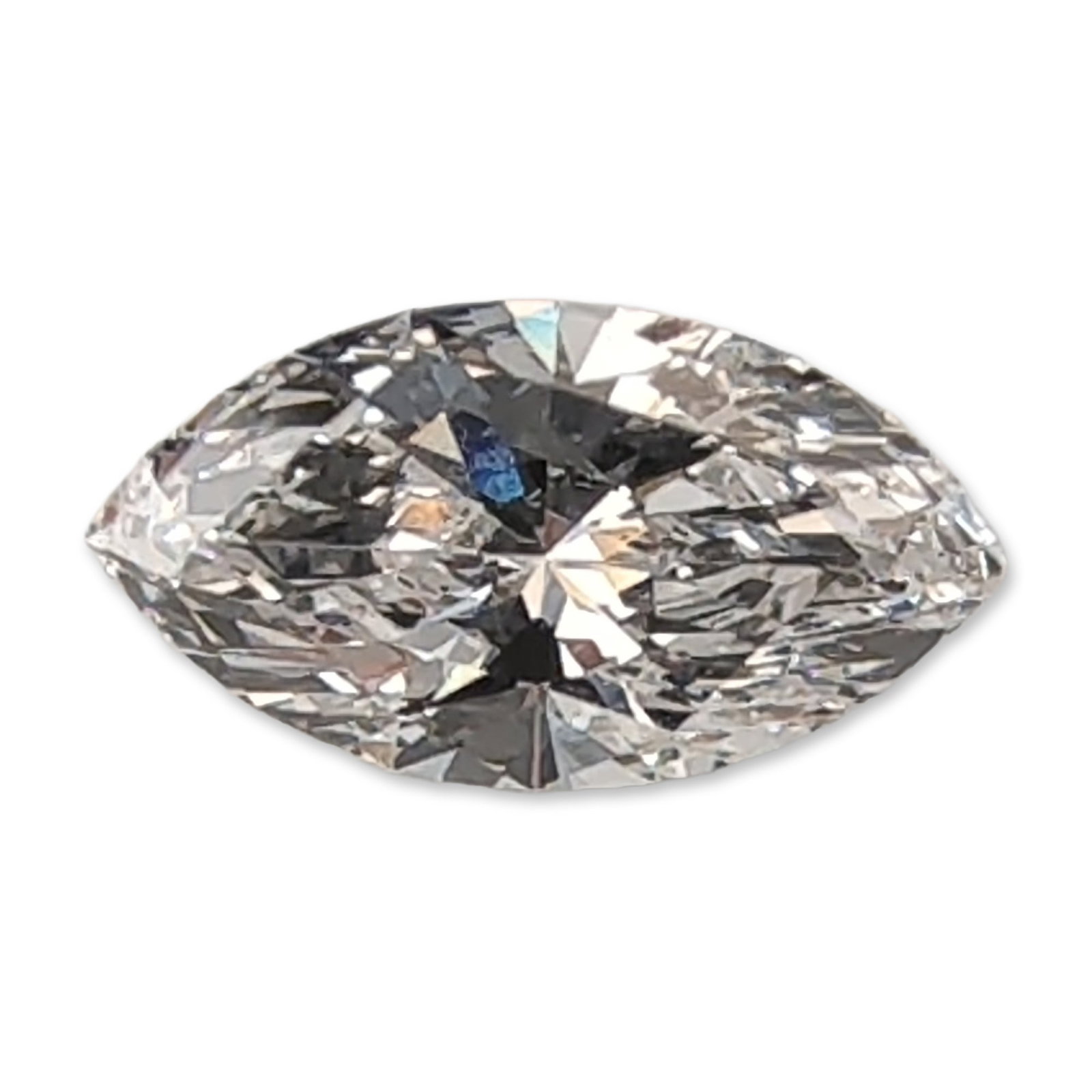0.84ct Marquise Brilliant Cut Loose Diamond: Lab-grown loose diamond, fashioned in a marquise brilliant cut with pointed terminals, faceted pavilion, and well-centered table displaying high brilliance and dispersion. It is graded D for color
