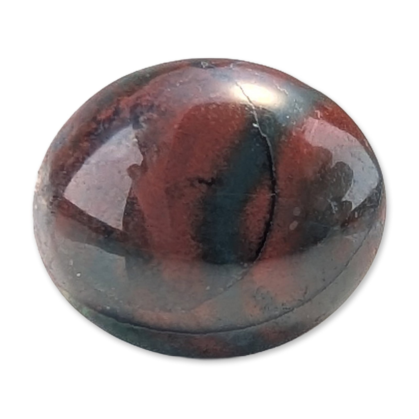 Mahogany Obsidian Cabochon: Polished oval cabochon mahogany obsidian, featuring a mottled pattern of deep reddish-brown and black streaks. The stone is fashioned with a domed top and a relatively flat underside. 3.8ct