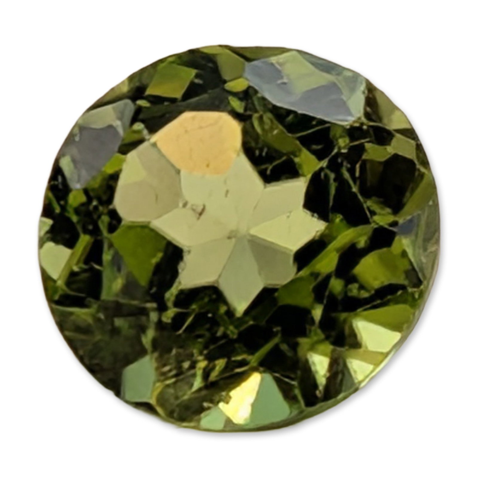 Peridot Round Brilliant Cut Gemstone: Round brilliant-cut style faceted peridot gemstone, featuring a saturated yellowish-green hue and high transparency. Internally eye-clean with minor pinpoint inclusions visible under magnification. 0.
