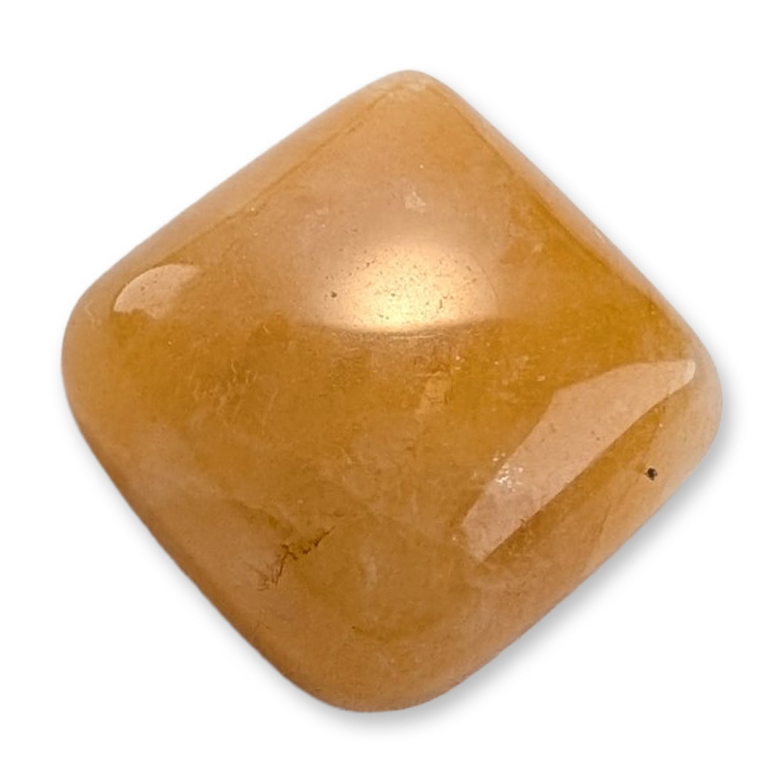 Orange Quartzite Square Cushion Cabochon: Single loose orange quartzite gemstone. The stone is fashioned as a square cushion cabochon with a polished, high-domed top and a flat base. It displays a saturated orange-yellow color and semi-transl