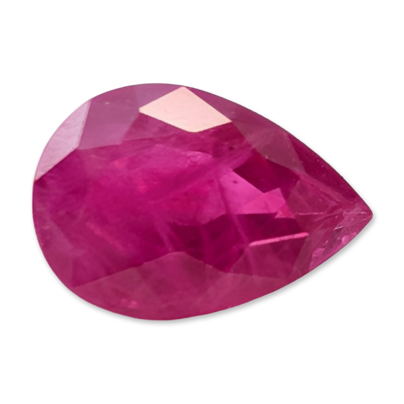 Pear Cut Pinkish Red Faceted Ruby Gemstone: Loose faceted gemstone in a pear-shaped cut, featuring a saturated pinkish-red color with distinct purplish overtones. The stone is cut with a brilliant crown and a multi-faceted pavilion. Based on vi