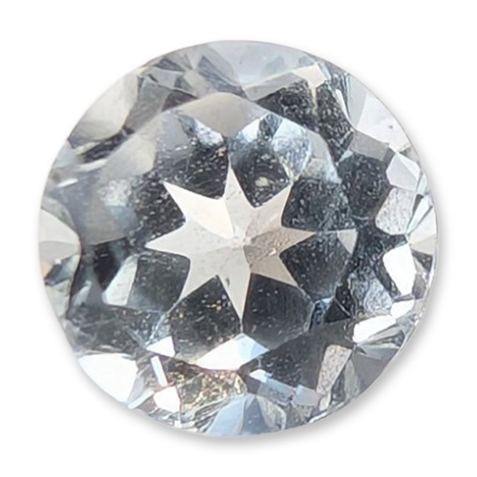 Precision Cut Colorless Topaz Gemstone: Colorless topaz gemstone featuring a precision round brilliant-style cut with a distinctive eight-pointed star facet pattern visible through the table. The stone appears to be eye-clean with high tran