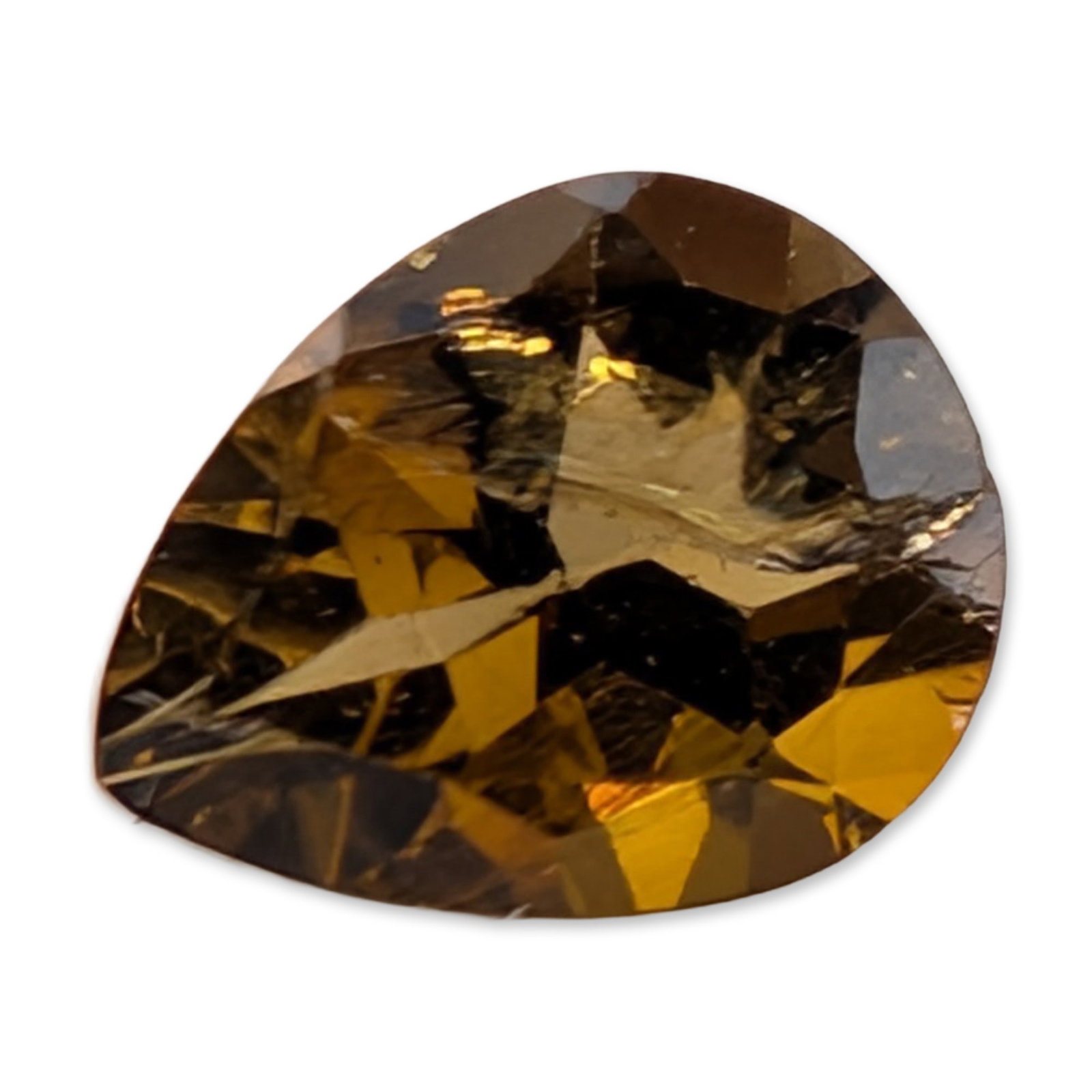 Pear Cut Yellowish Green Loose Tourmaline Gemstone: A loose faceted tourmaline gemstone in a pear-shaped brilliant cut, featuring a color palette ranging from olive green to brownish-amber with yellow-gold flashes. It is fashioned with a faceted crown 