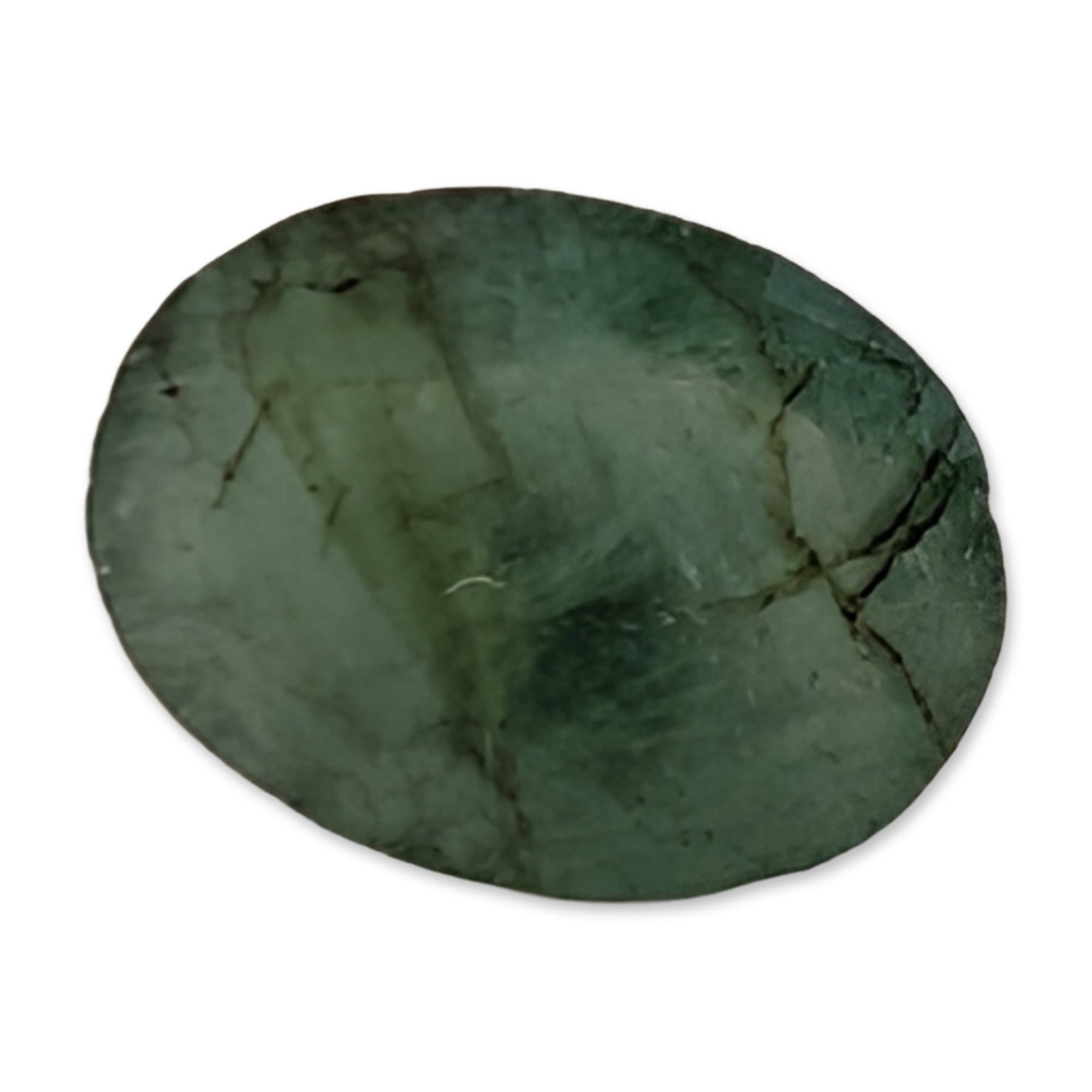 Natural Oval Mixed Cut Green Gemstone: Natural green gemstone, appears to be an emerald, in an oval mixed-cut faceted form. The stone possesses a saturated medium-dark green hue with bluish-green undertones. Internal characteristics includ