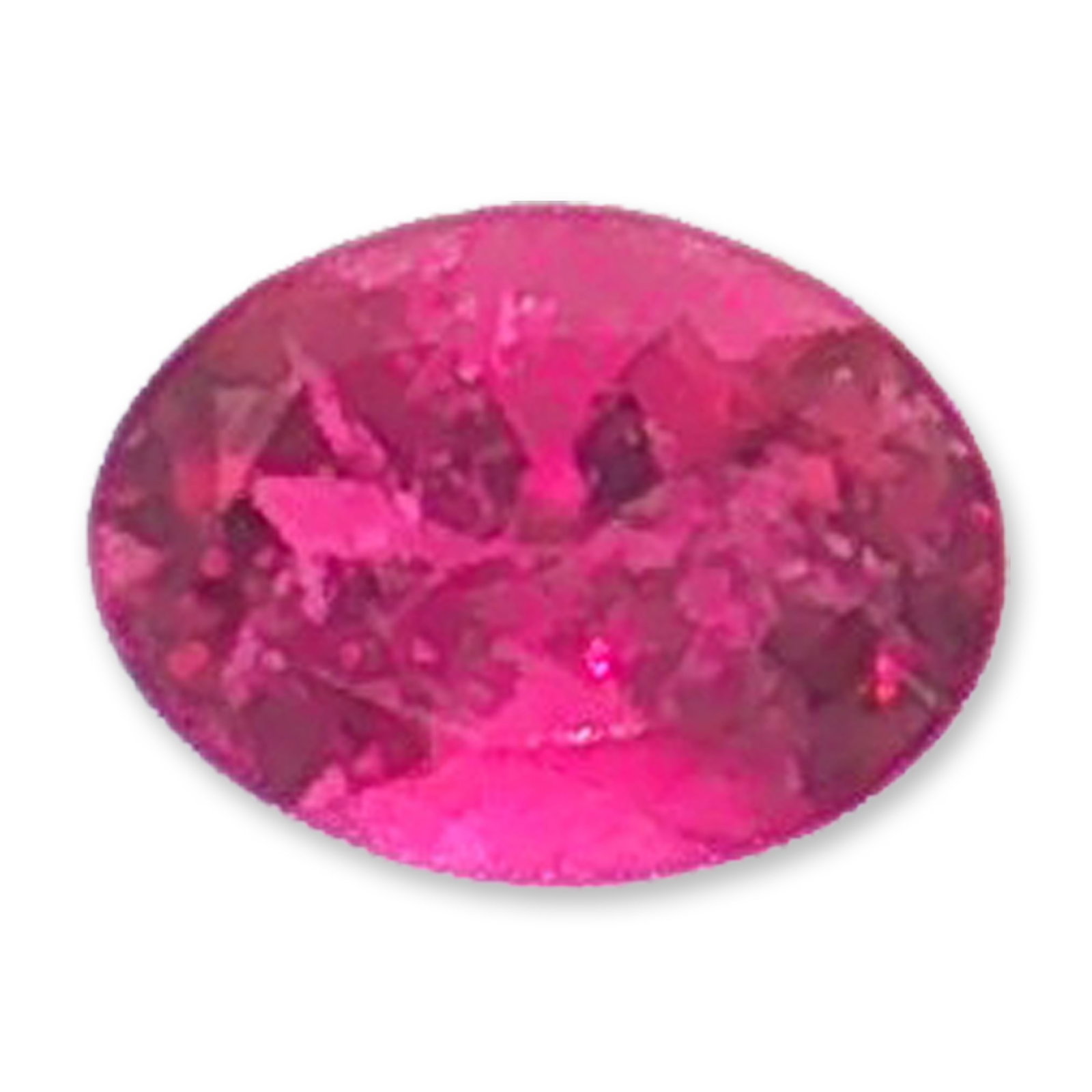Oval Cut Pigeon Blood Red Loose Citrine: A loose gemstone which appears to be citrine, fashioned into a classic oval mixed cut. The stone displays a saturated pinkish-red hue described as pigeon blood red and features sharp facet junctions. 