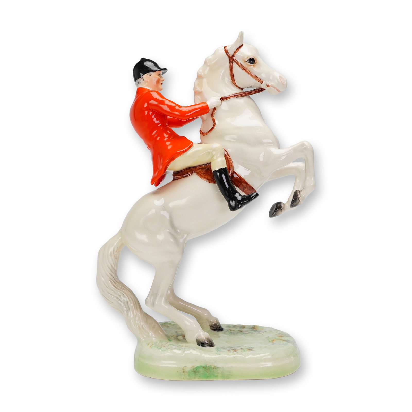 Beswick Ceramic Figurine Huntsman on Rearing Horse Model 868: A rare Beswick ceramic figurine, Model No. 868, depicting a Huntsman on a Rearing Horse. The composition shows the mounted huntsman in traditional attire, wearing a bright red/orange hunting coat, bla
