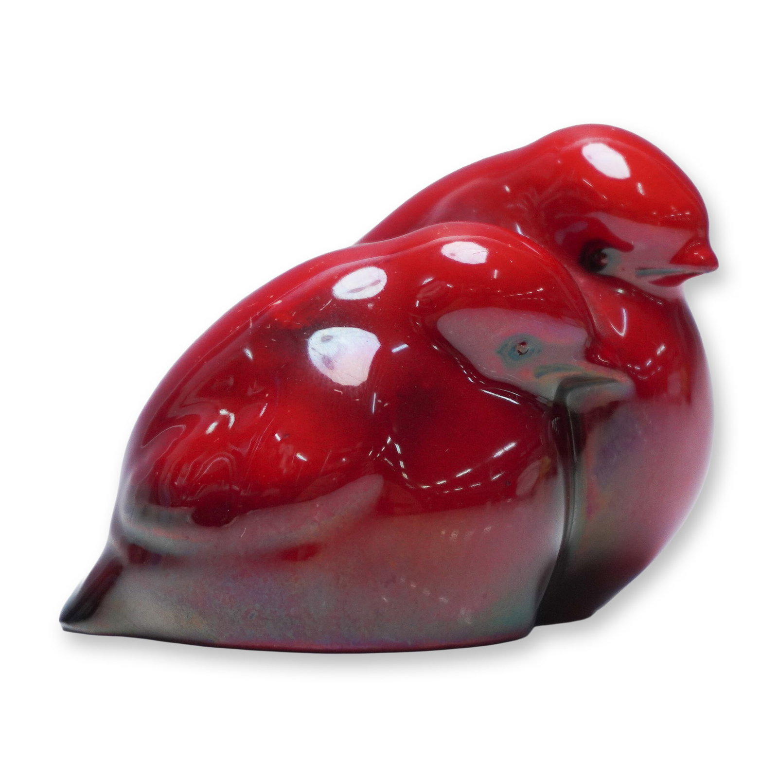 Royal Doulton Flambe Animal Figurine, Chicks - Two HN236: The piece depicts two baby birds nestled together in a seated pose. This example is finished in a lustre flambe glaze, which produces a high-gloss red surface with tonal variation ranging from deep cr