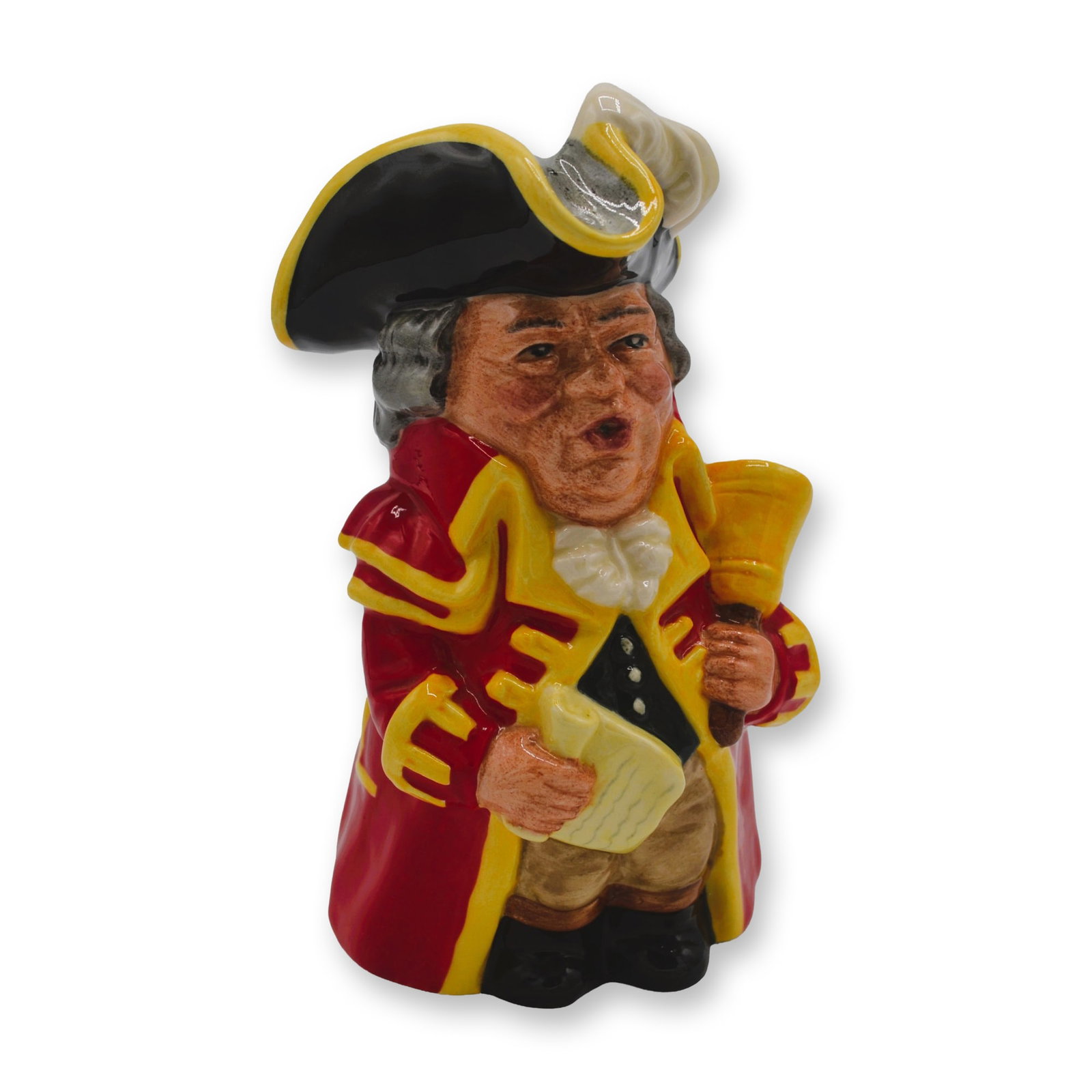 Royal Doulton Porcelain Town Crier, D6920, Toby Jug, 1992: Glazed Porcelain Decorated, hand created, hand painted by the Artists of the Royal Doulton Limited Studios. Featuring "Town Crier," D6920, Toby Jug. A limited edition of 2500. This is # 505. Issued: 1