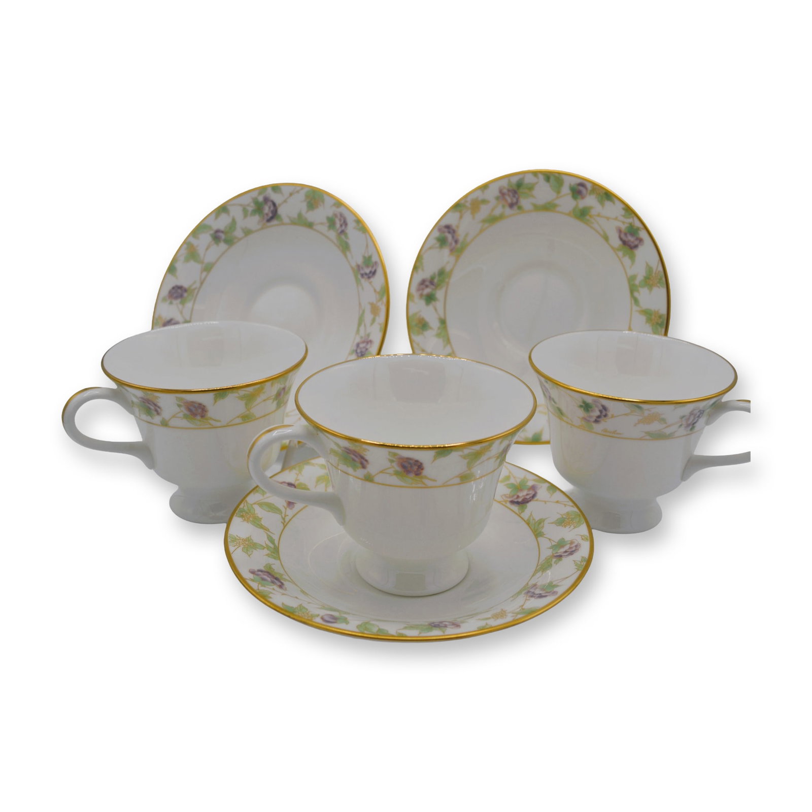 6Pc Boehm Porcelain Fine Bone China Glazed Purple/White Flowers Cups & Saucers Set: 6Pc Boehm Porcelain Fine Bone China Glazed Purple/White Flowers Cups and Saucers Set. Hand made, hand painted by the Artists of the Boehm Studios. Glazed Decorated featuring Pattern, BOE 1, a Six (6) 