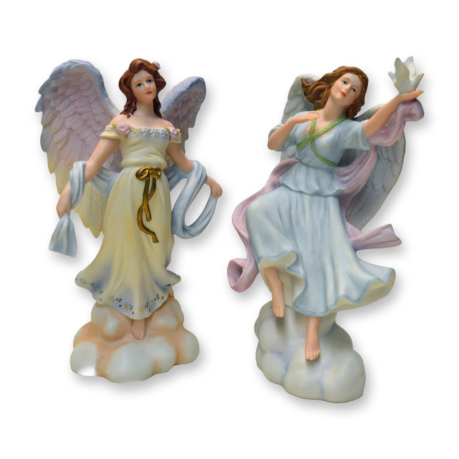 2Pc RNR Porcelain Angel W/Dove and Angel In The Wind Figurines, 2006: Bisque Porcelain Decorated, hand created, hand painted Angels featuring "Angel of the Wind" Figurine and "Angel with Dove" Figurine from the Inspirational Collection, by RNR Gifts. Hallmark: Angel of