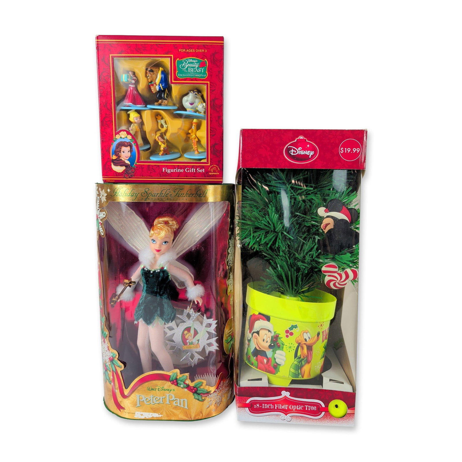 3pc Disney Holiday Collectibles Including Fiber Optic Tree: This festive collection features three vintage Disney holiday collectibles preserved inside their original retail packaging. The assortment includes an 18-inch battery-operated synthetic fiber optic