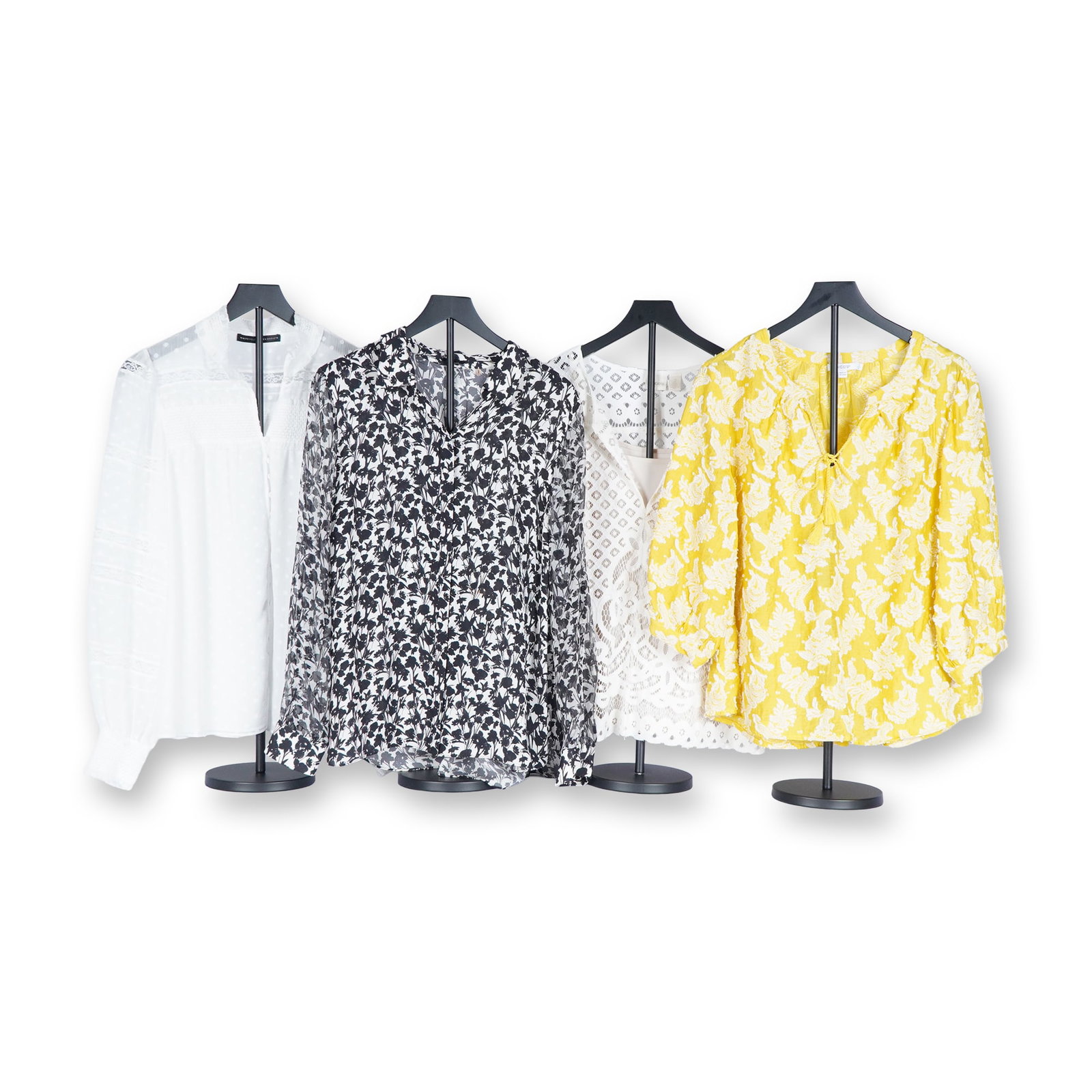 4pc Chico's, Tahari, & White-Black Women's Blouse Assortment: Women's blouses including styles by Chico's, Tahari, and White House Black Market. The grouping features a textured white blouse with subtle dot detailing (Tahari), a sheer black-and-white floral