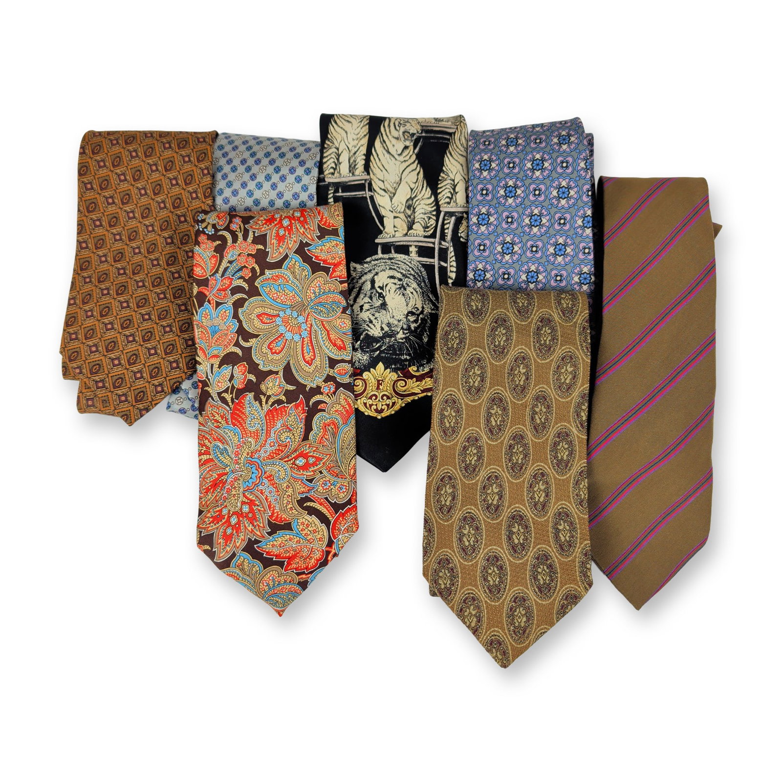 6pc Designer Silk Neckties: This sophisticated collection of premium men's neckwear features an array of intricate woven patterns and graphic prints from prestigious international luxury designers. The assortment showcases fine
